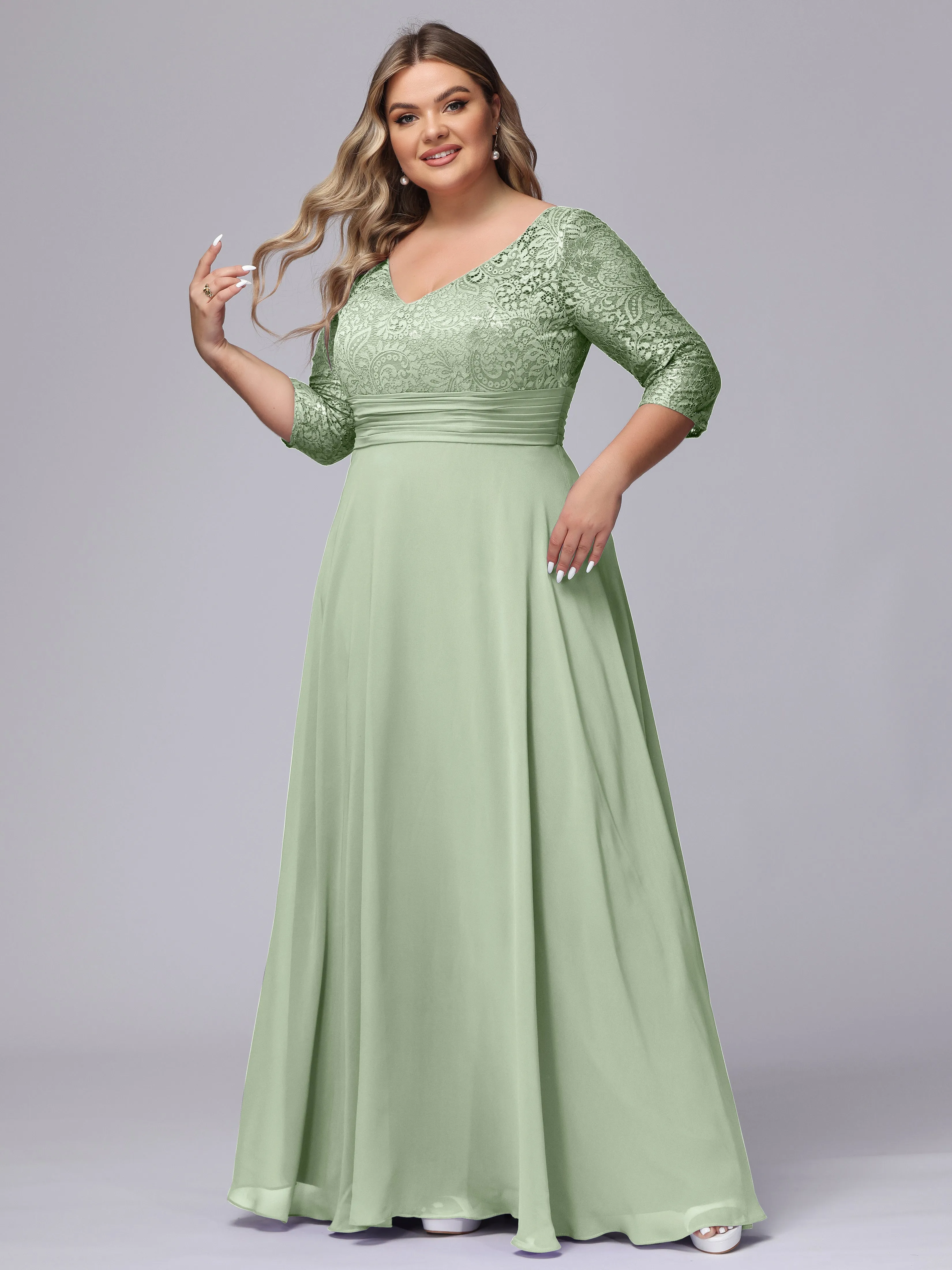 A-line V-Neck 3/4 Sleeves Lace Chiffon Plus Size Bridesmaid Dresses