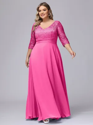 A-line V-Neck 3/4 Sleeves Lace Chiffon Plus Size Bridesmaid Dresses