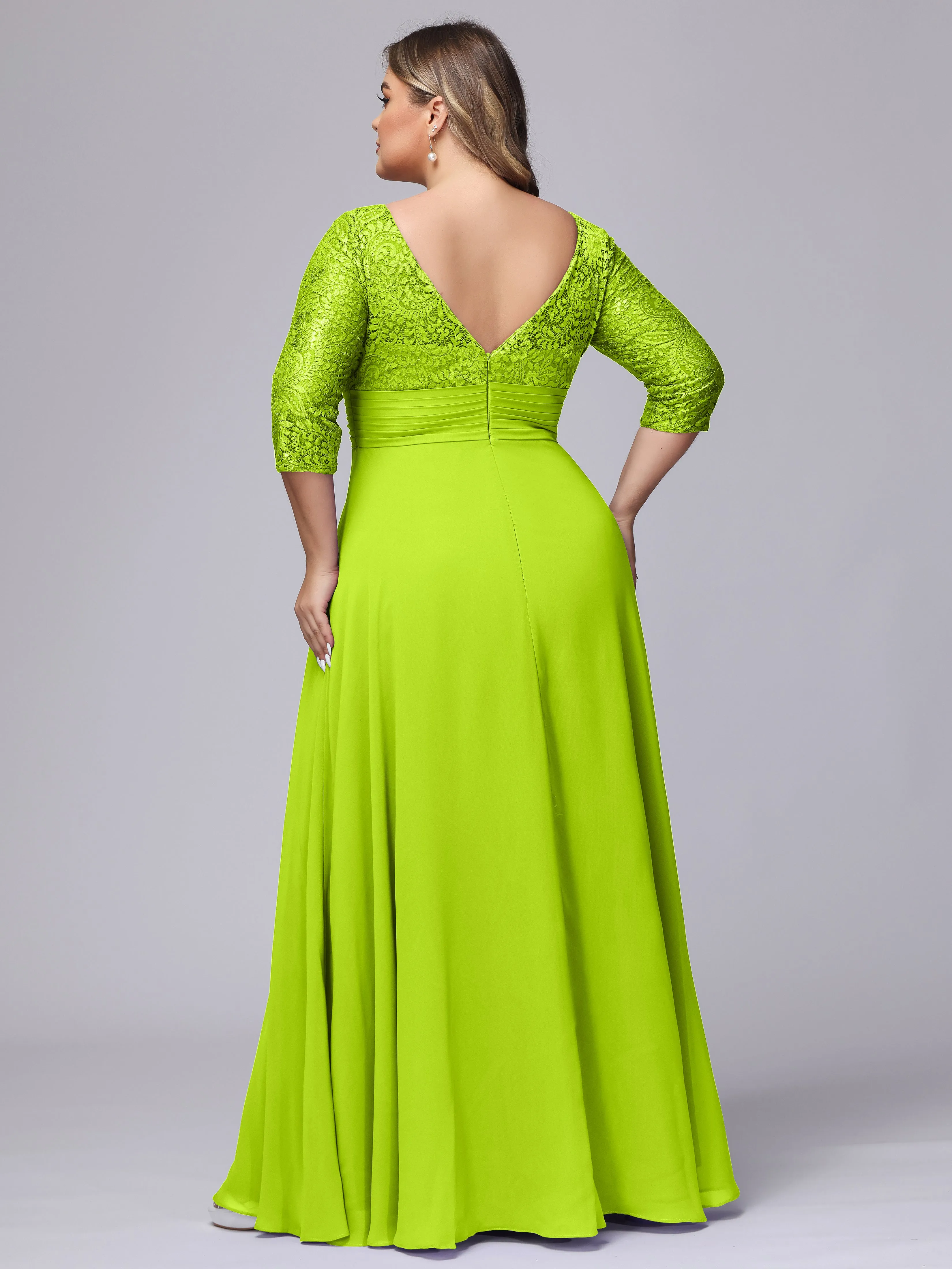 A-line V-Neck 3/4 Sleeves Lace Chiffon Plus Size Bridesmaid Dresses