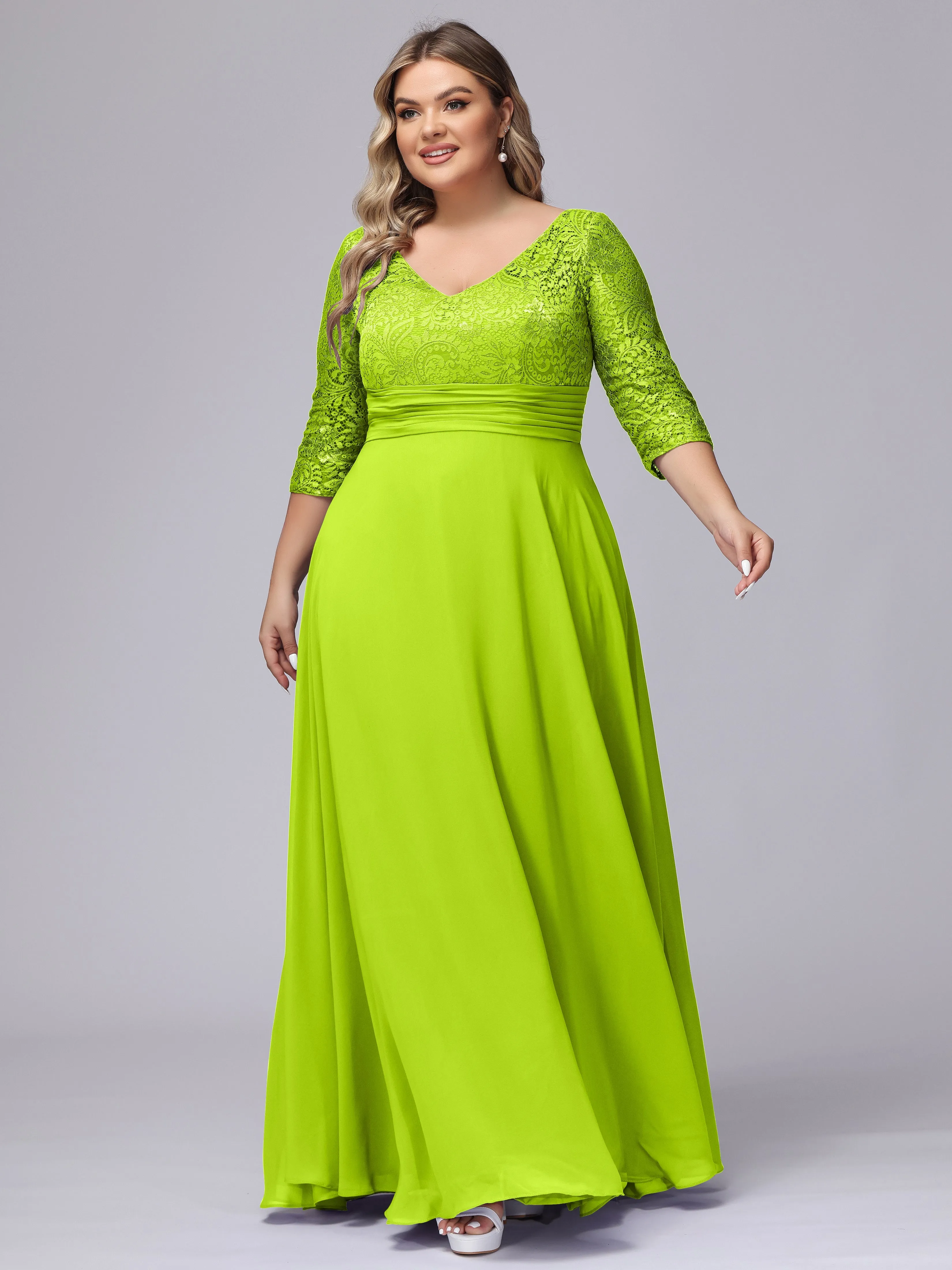 A-line V-Neck 3/4 Sleeves Lace Chiffon Plus Size Bridesmaid Dresses