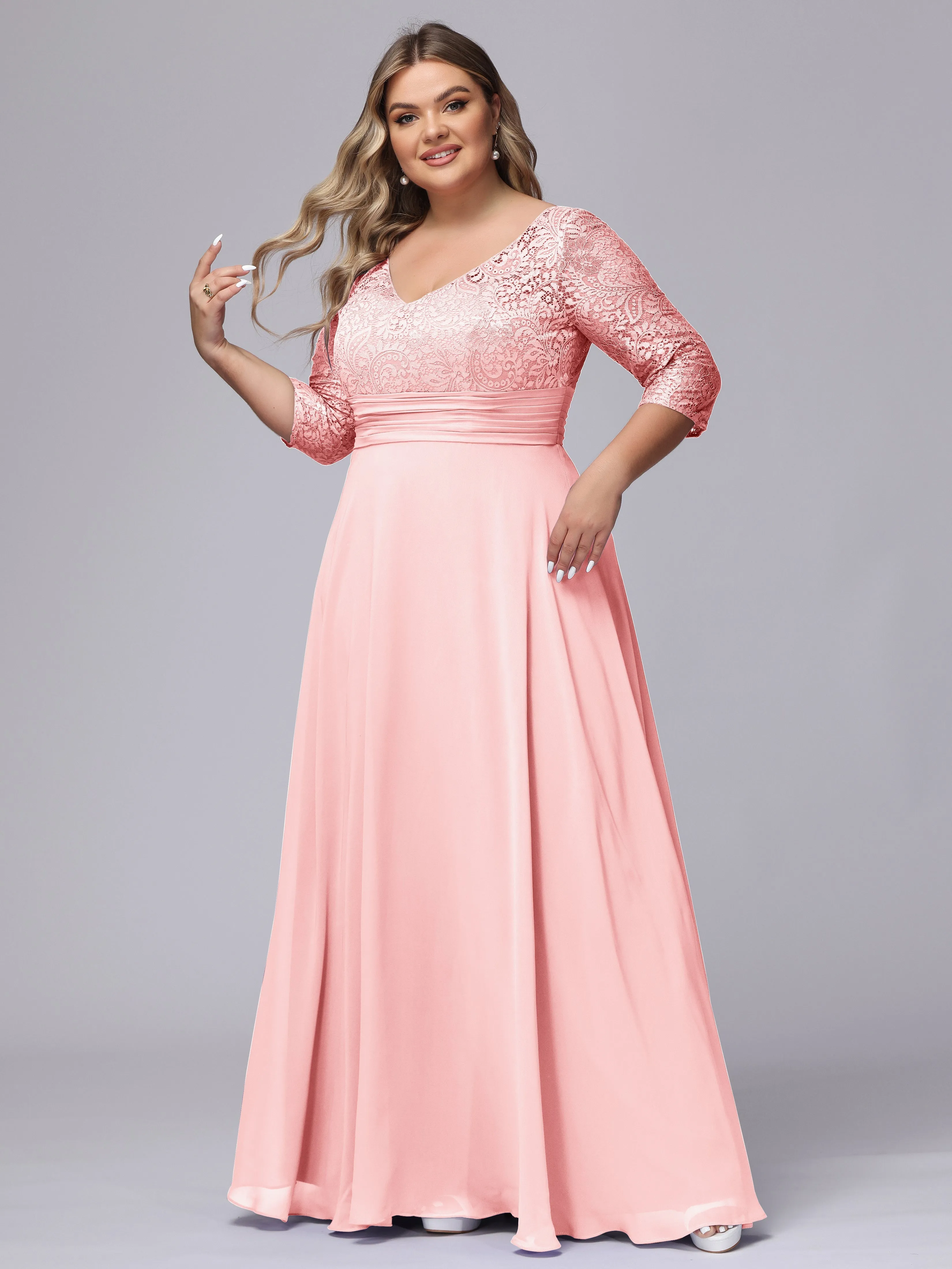 A-line V-Neck 3/4 Sleeves Lace Chiffon Plus Size Bridesmaid Dresses