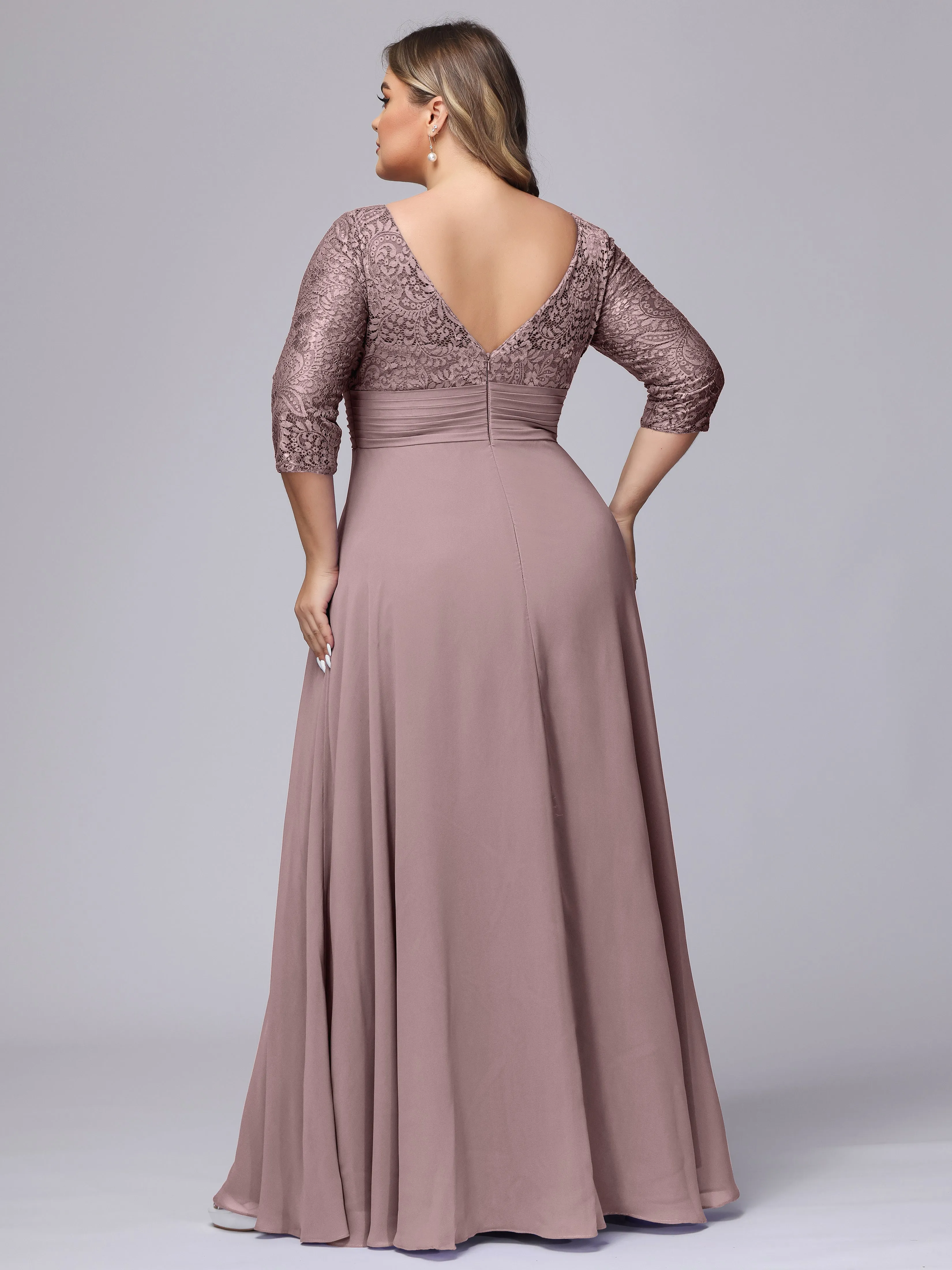 A-line V-Neck 3/4 Sleeves Lace Chiffon Plus Size Bridesmaid Dresses