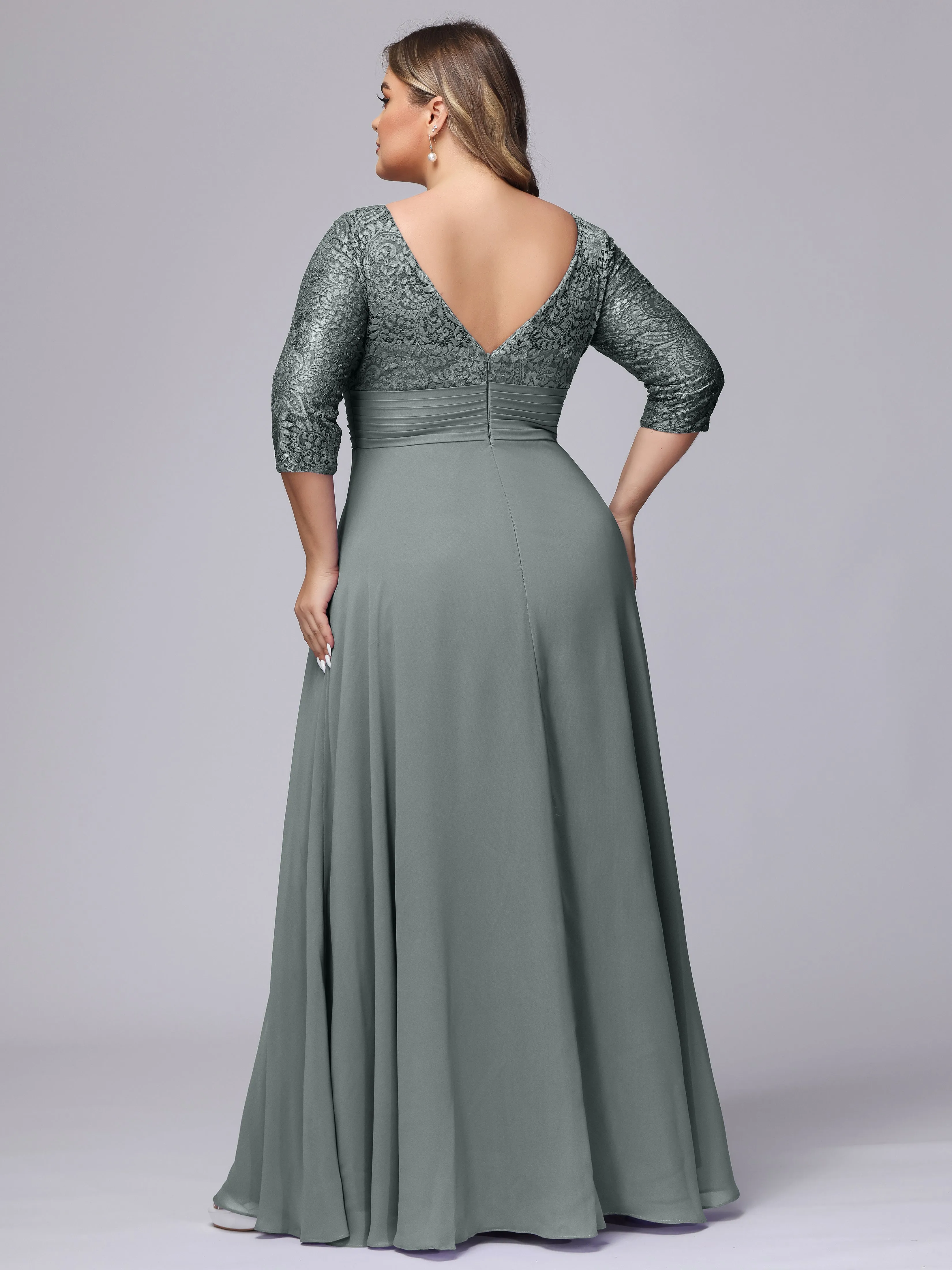 A-line V-Neck 3/4 Sleeves Lace Chiffon Plus Size Bridesmaid Dresses
