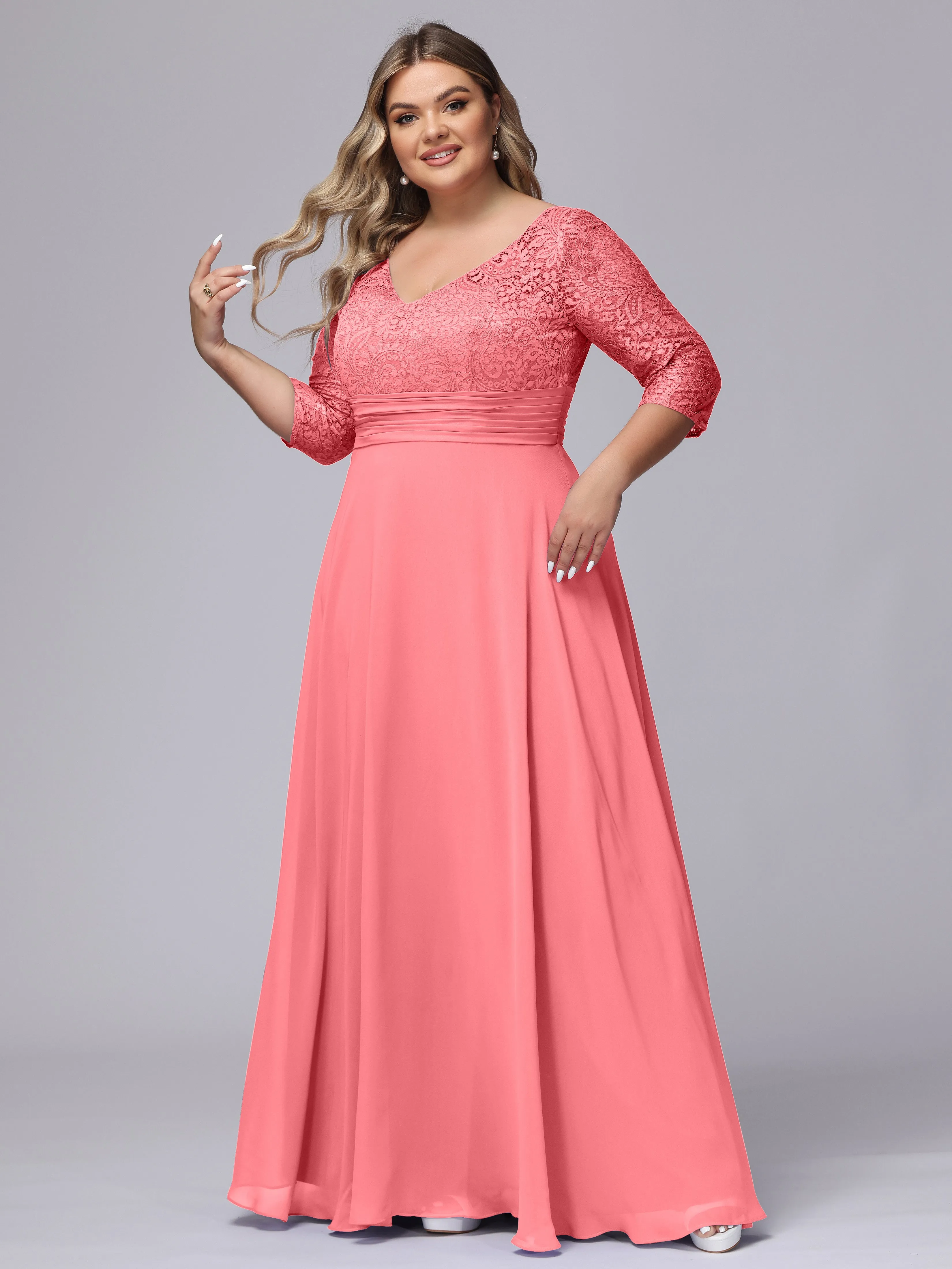 A-line V-Neck 3/4 Sleeves Lace Chiffon Plus Size Bridesmaid Dresses