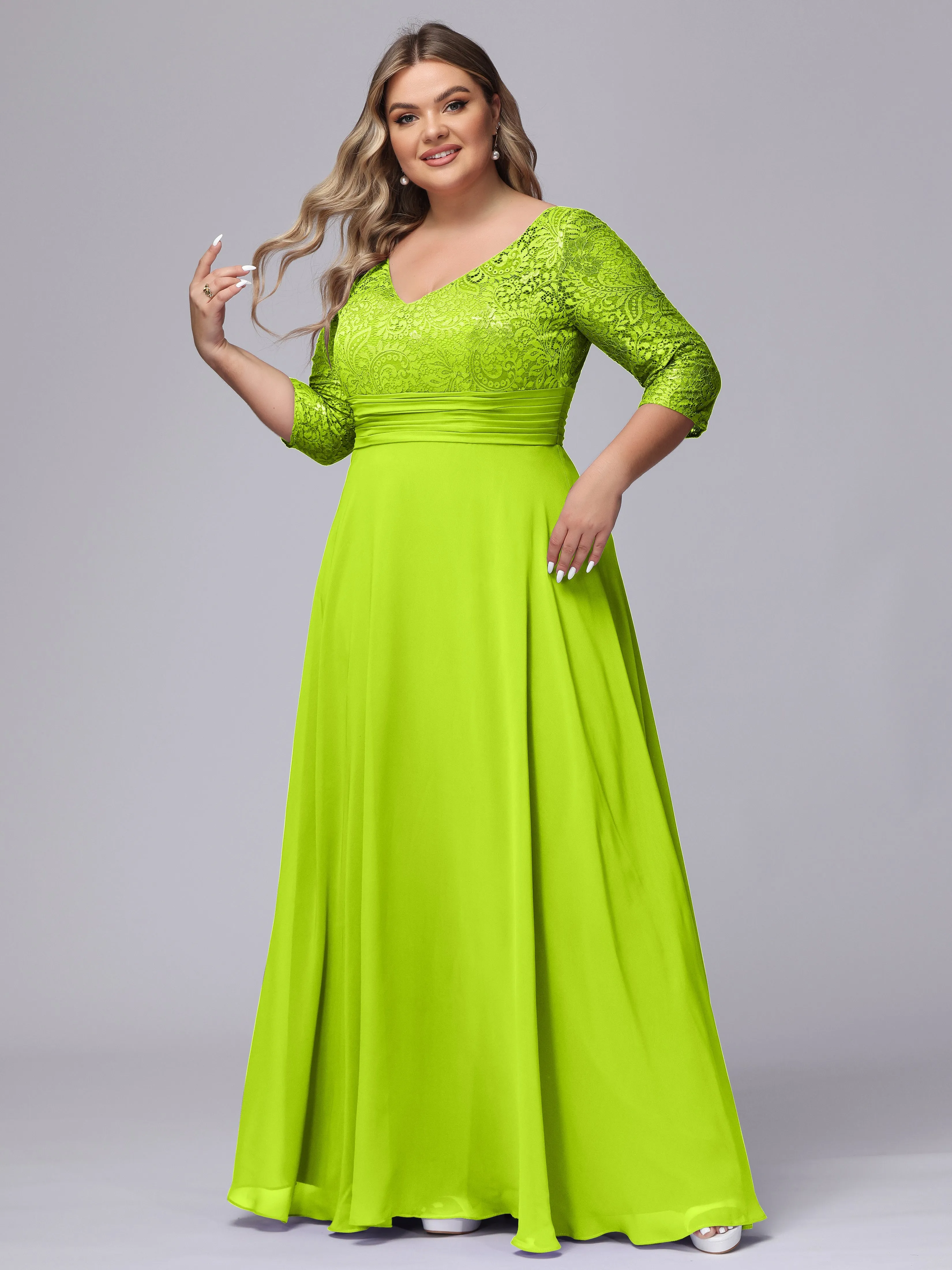 A-line V-Neck 3/4 Sleeves Lace Chiffon Plus Size Bridesmaid Dresses