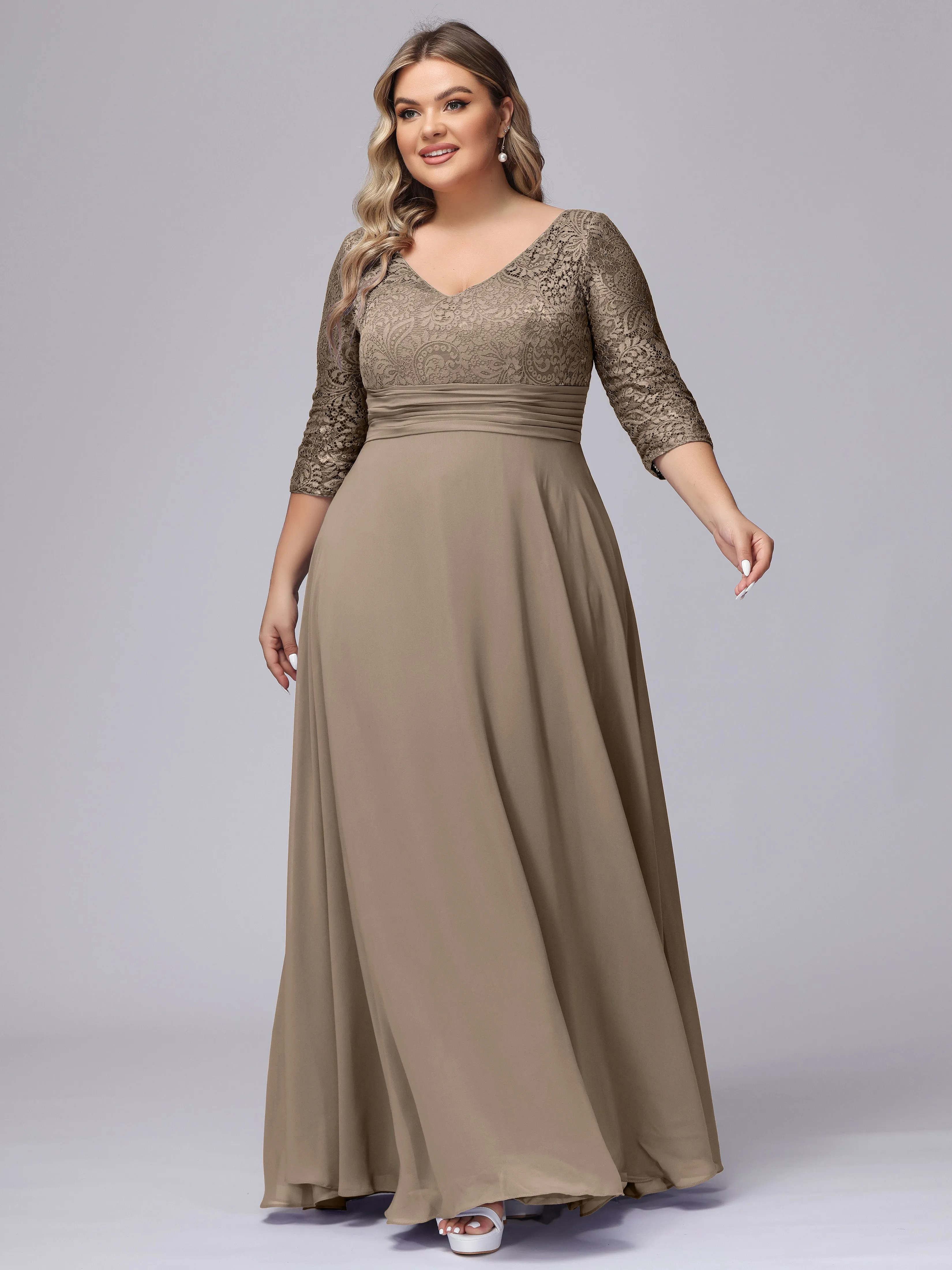 A-line V-Neck 3/4 Sleeves Lace Chiffon Plus Size Bridesmaid Dresses