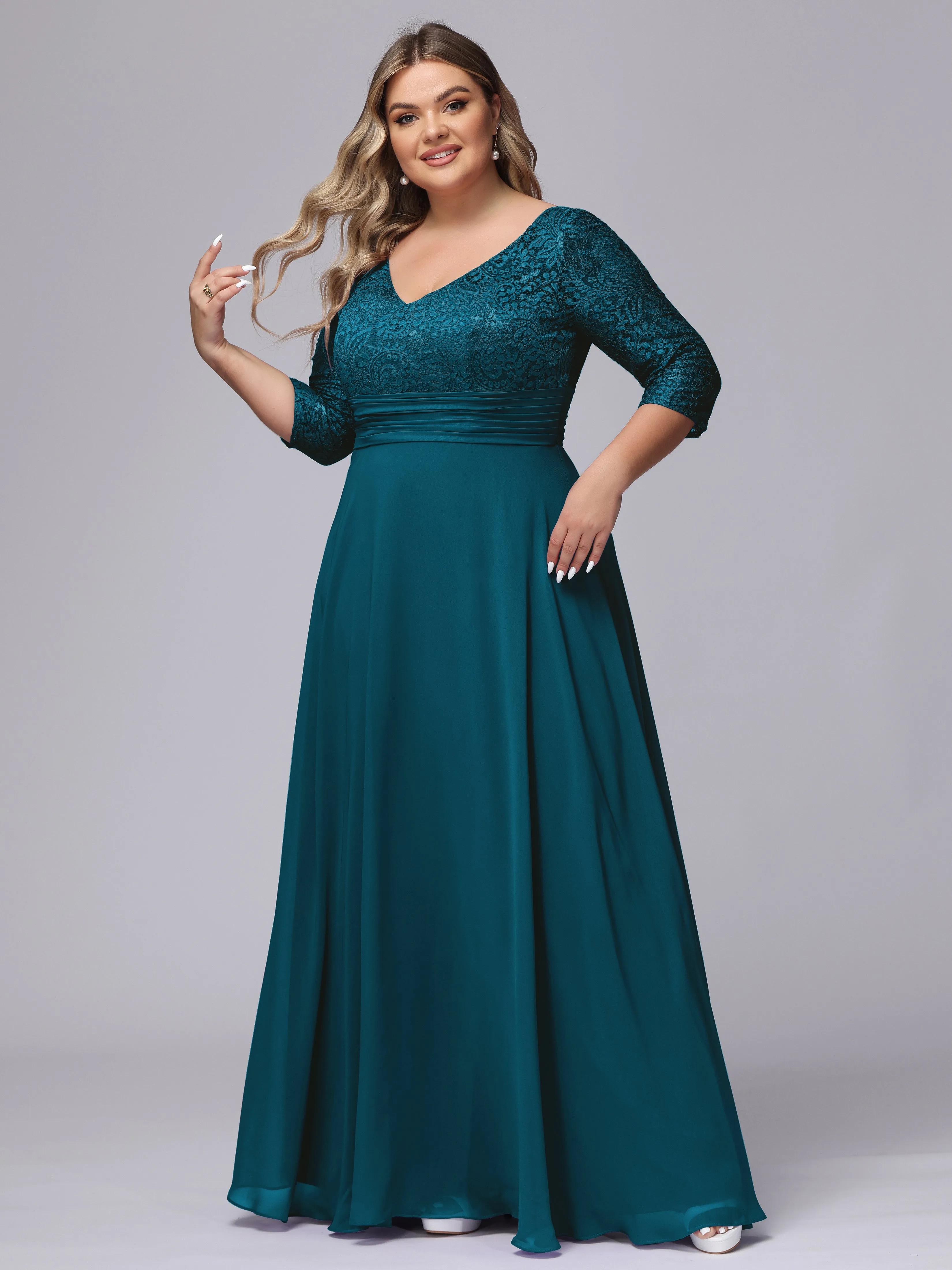 A-line V-Neck 3/4 Sleeves Lace Chiffon Plus Size Bridesmaid Dresses