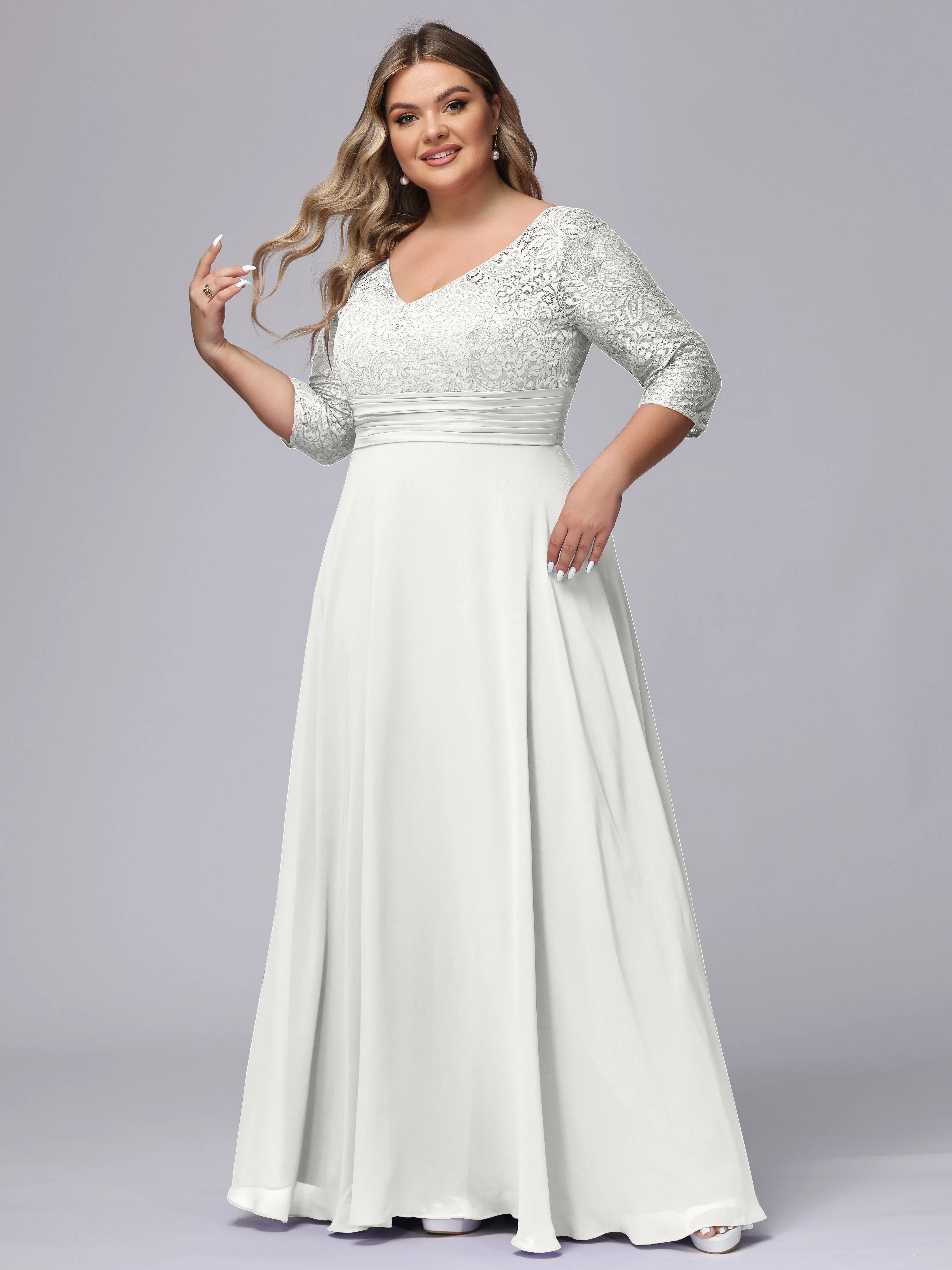 A-line V-Neck 3/4 Sleeves Lace Chiffon Plus Size Bridesmaid Dresses