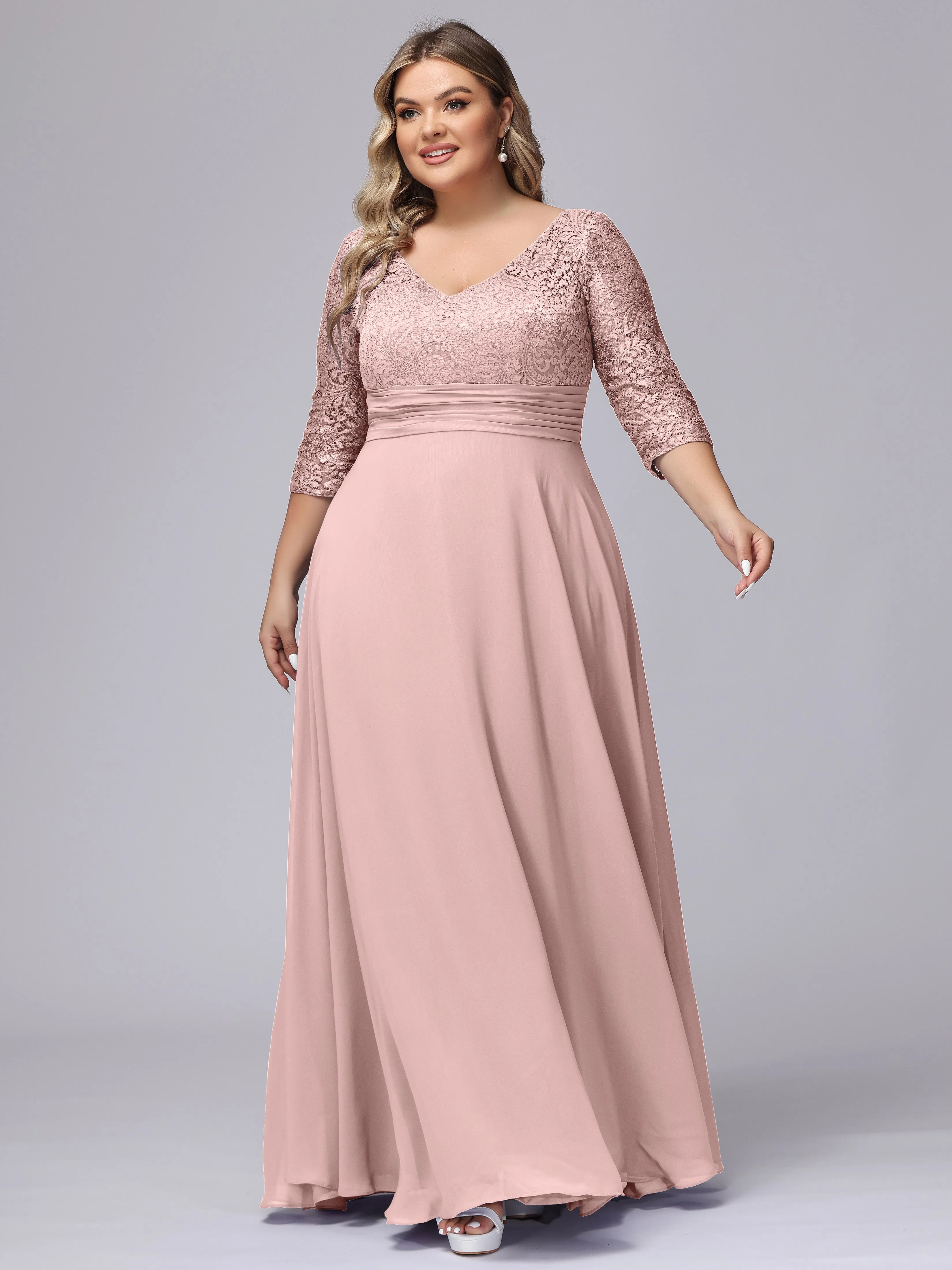 A-line V-Neck 3/4 Sleeves Lace Chiffon Plus Size Bridesmaid Dresses