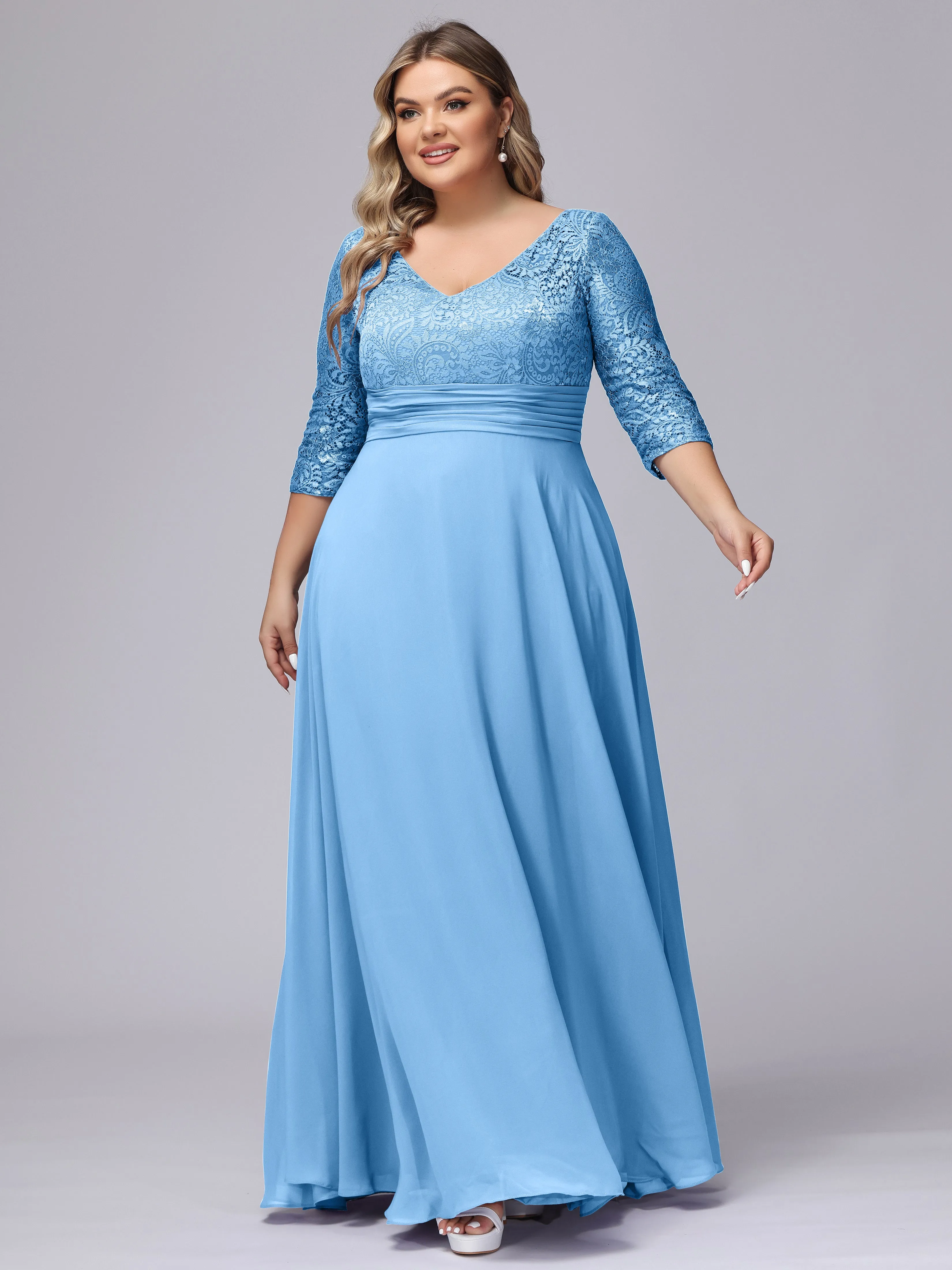 A-line V-Neck 3/4 Sleeves Lace Chiffon Plus Size Bridesmaid Dresses