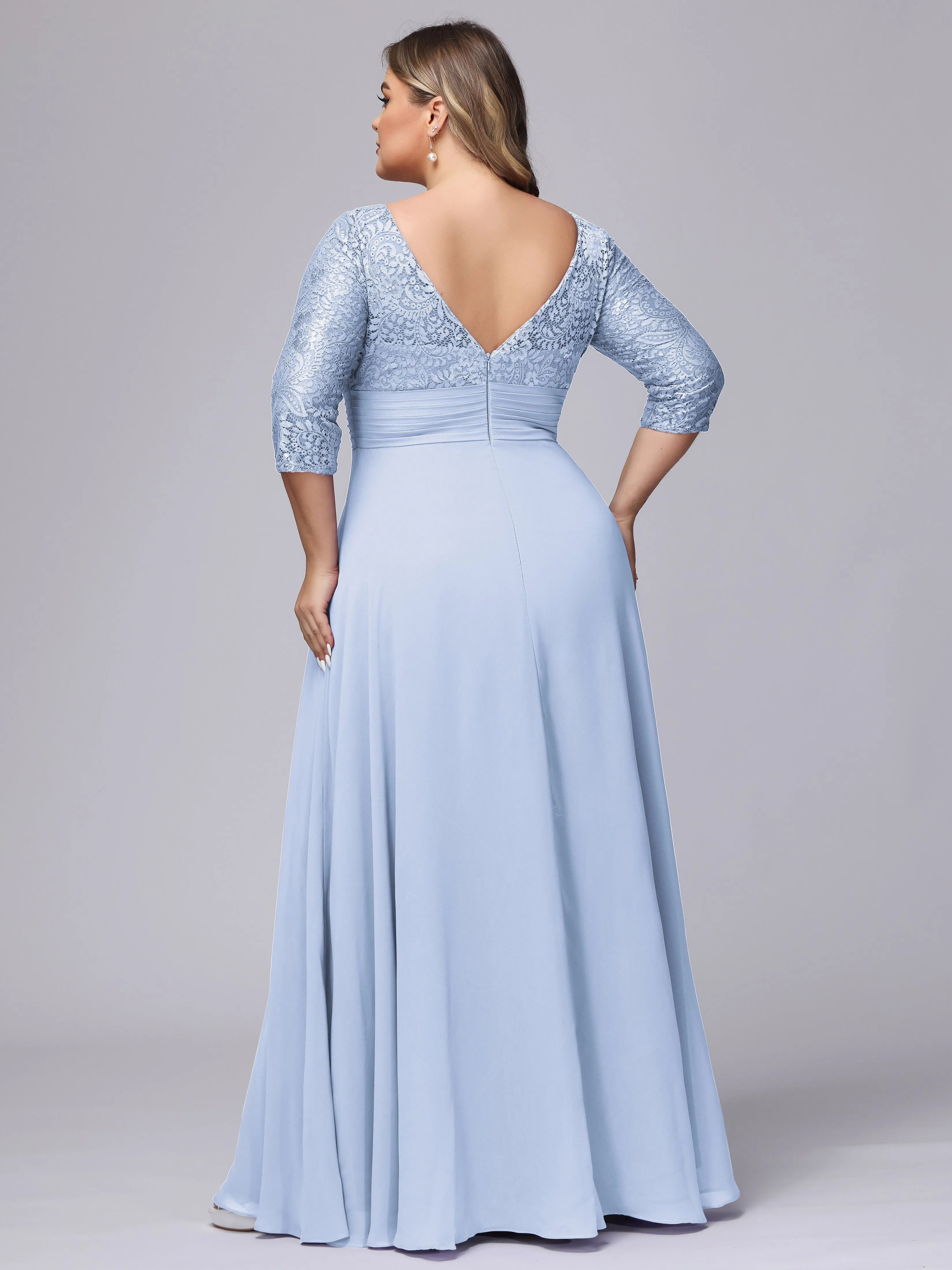 A-line V-Neck 3/4 Sleeves Lace Chiffon Plus Size Bridesmaid Dresses