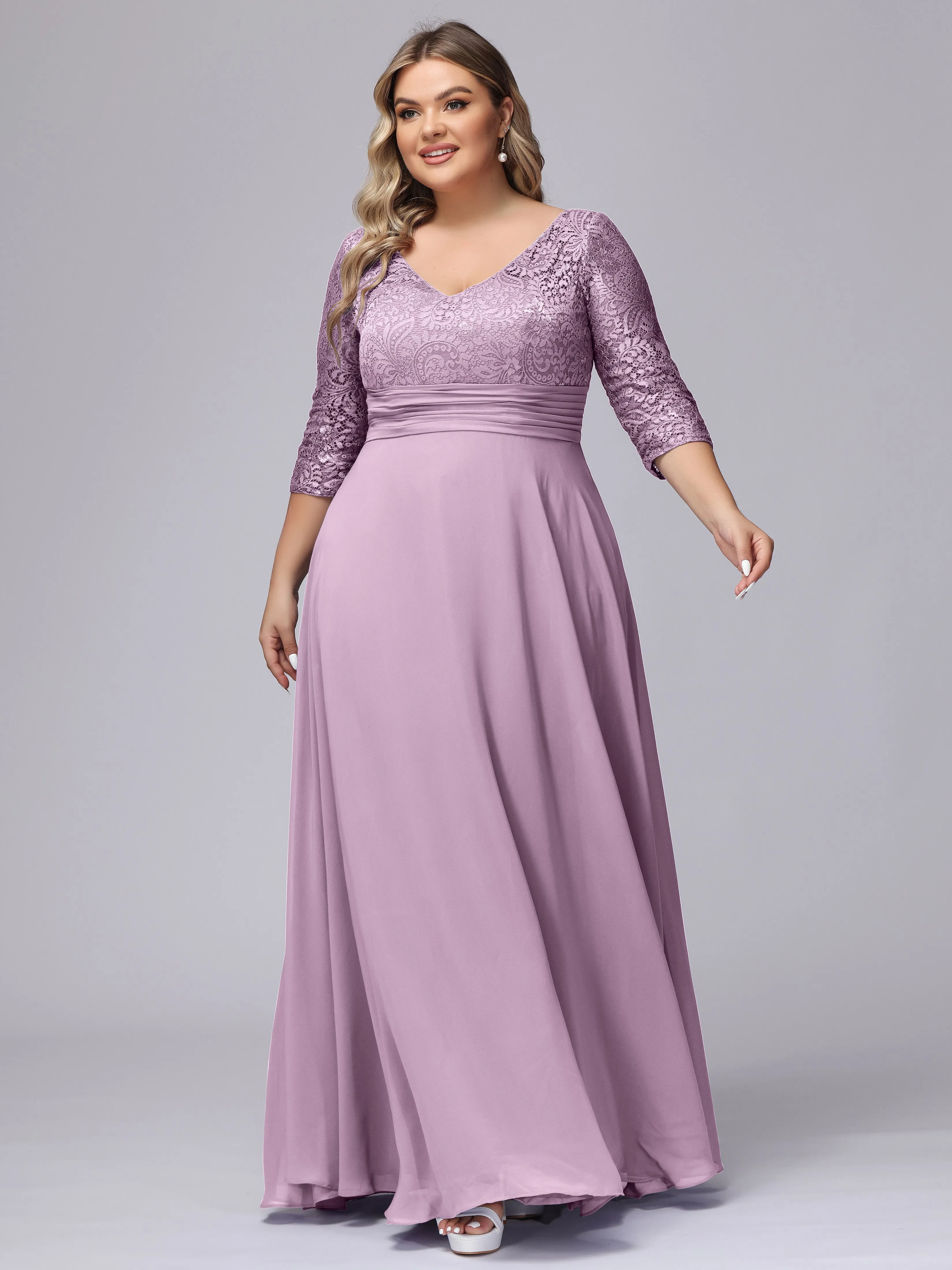 A-line V-Neck 3/4 Sleeves Lace Chiffon Plus Size Bridesmaid Dresses