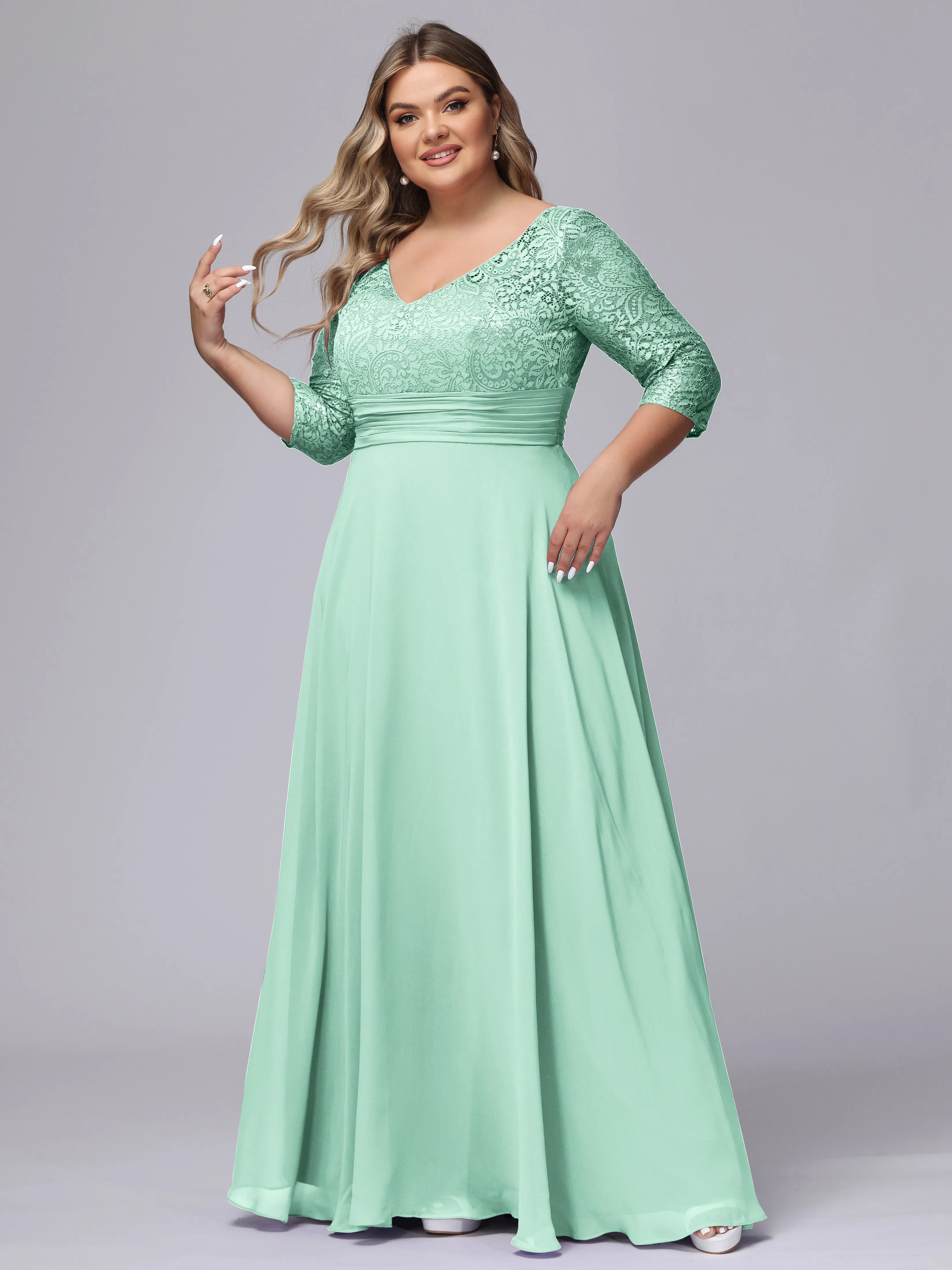 A-line V-Neck 3/4 Sleeves Lace Chiffon Plus Size Bridesmaid Dresses
