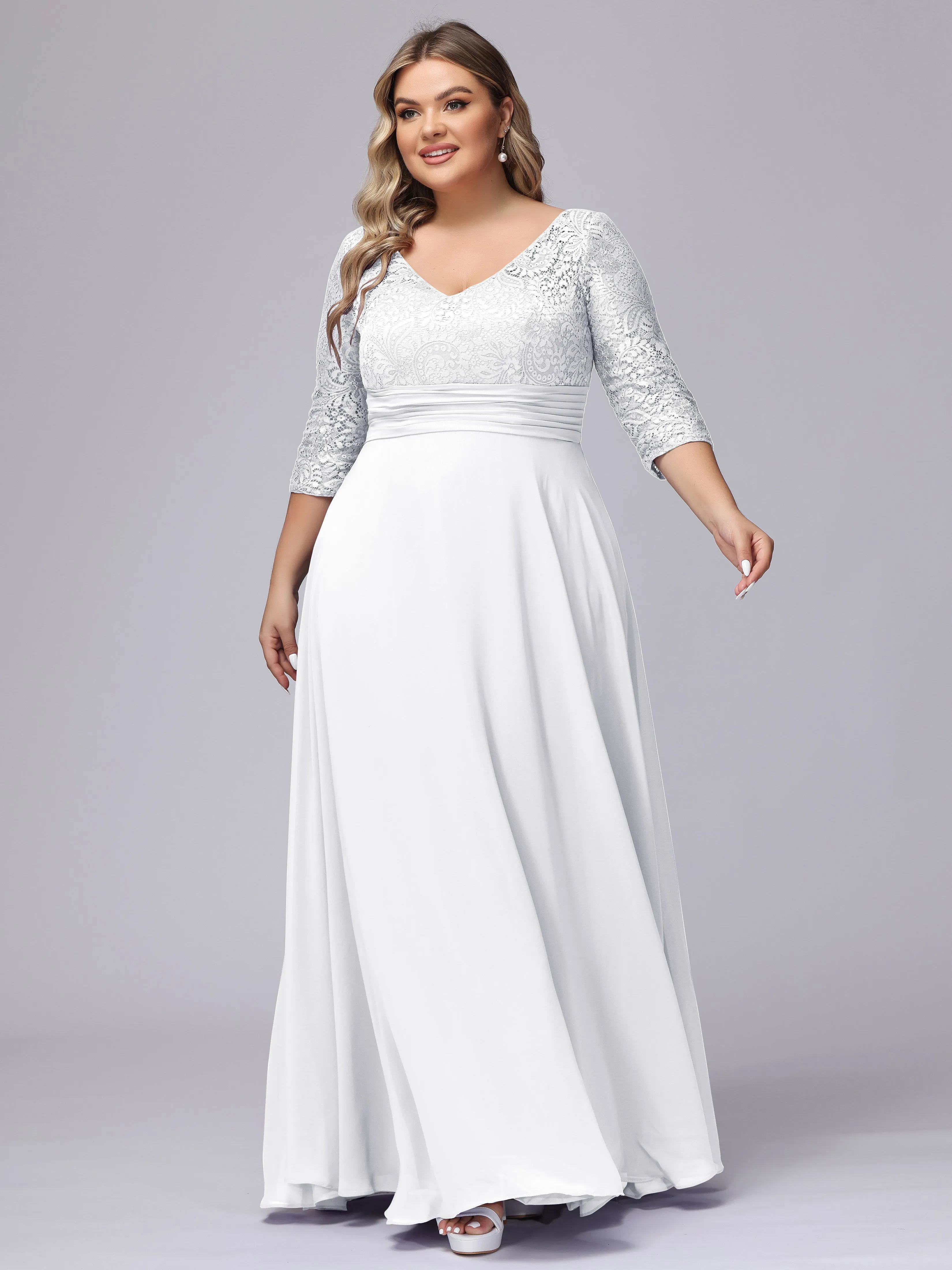 A-line V-Neck 3/4 Sleeves Lace Chiffon Plus Size Bridesmaid Dresses