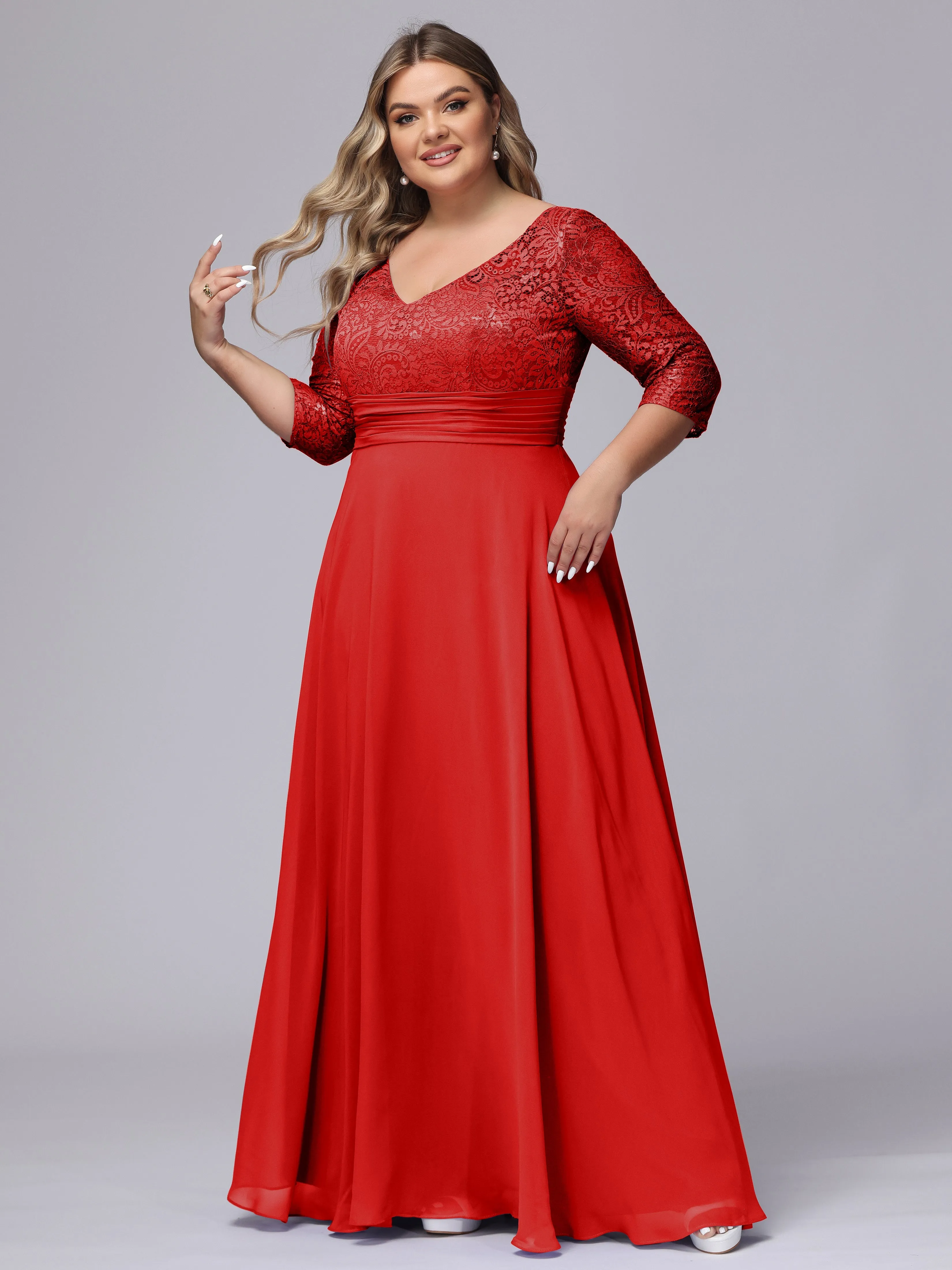 A-line V-Neck 3/4 Sleeves Lace Chiffon Plus Size Bridesmaid Dresses