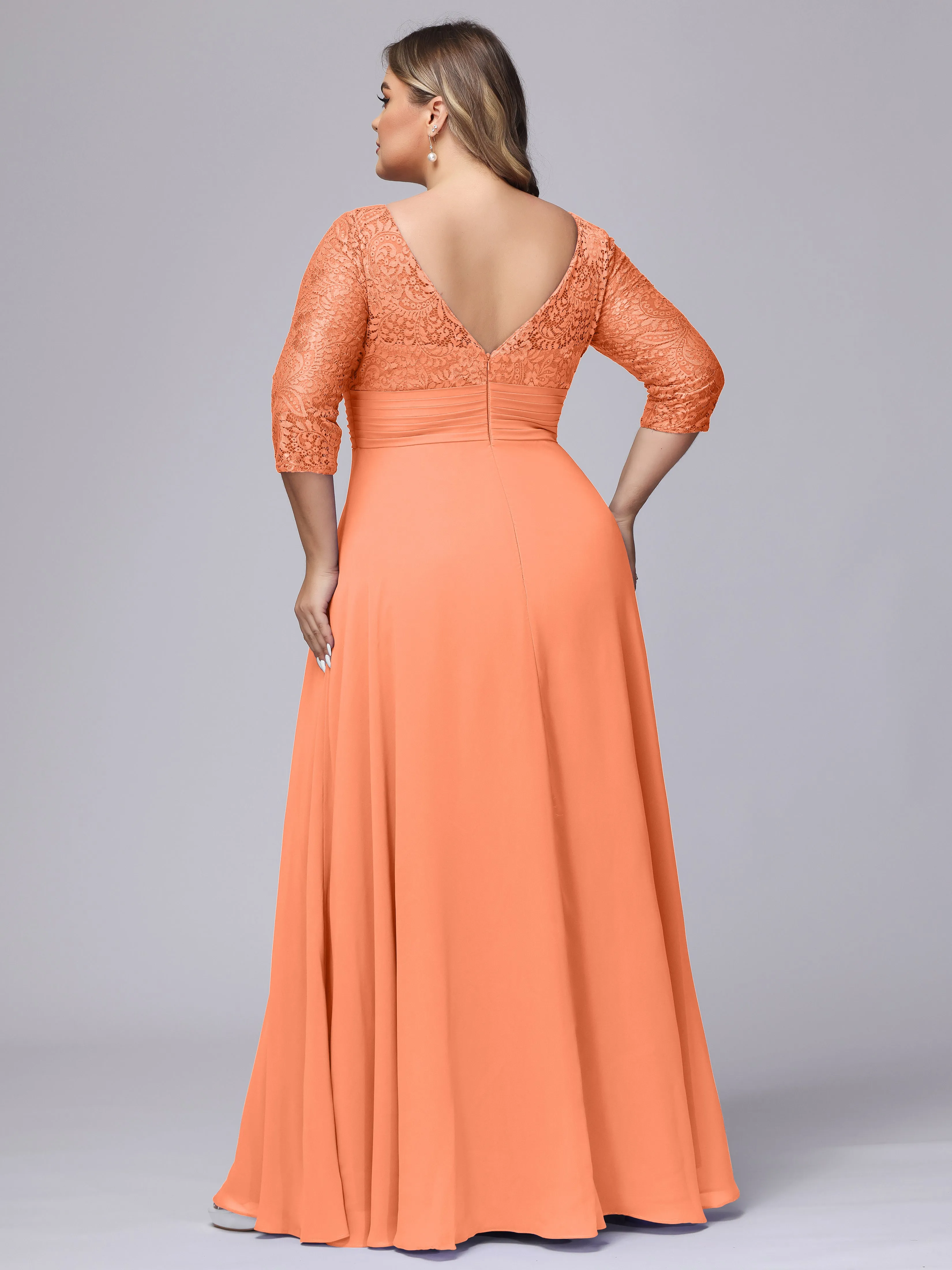 A-line V-Neck 3/4 Sleeves Lace Chiffon Plus Size Bridesmaid Dresses