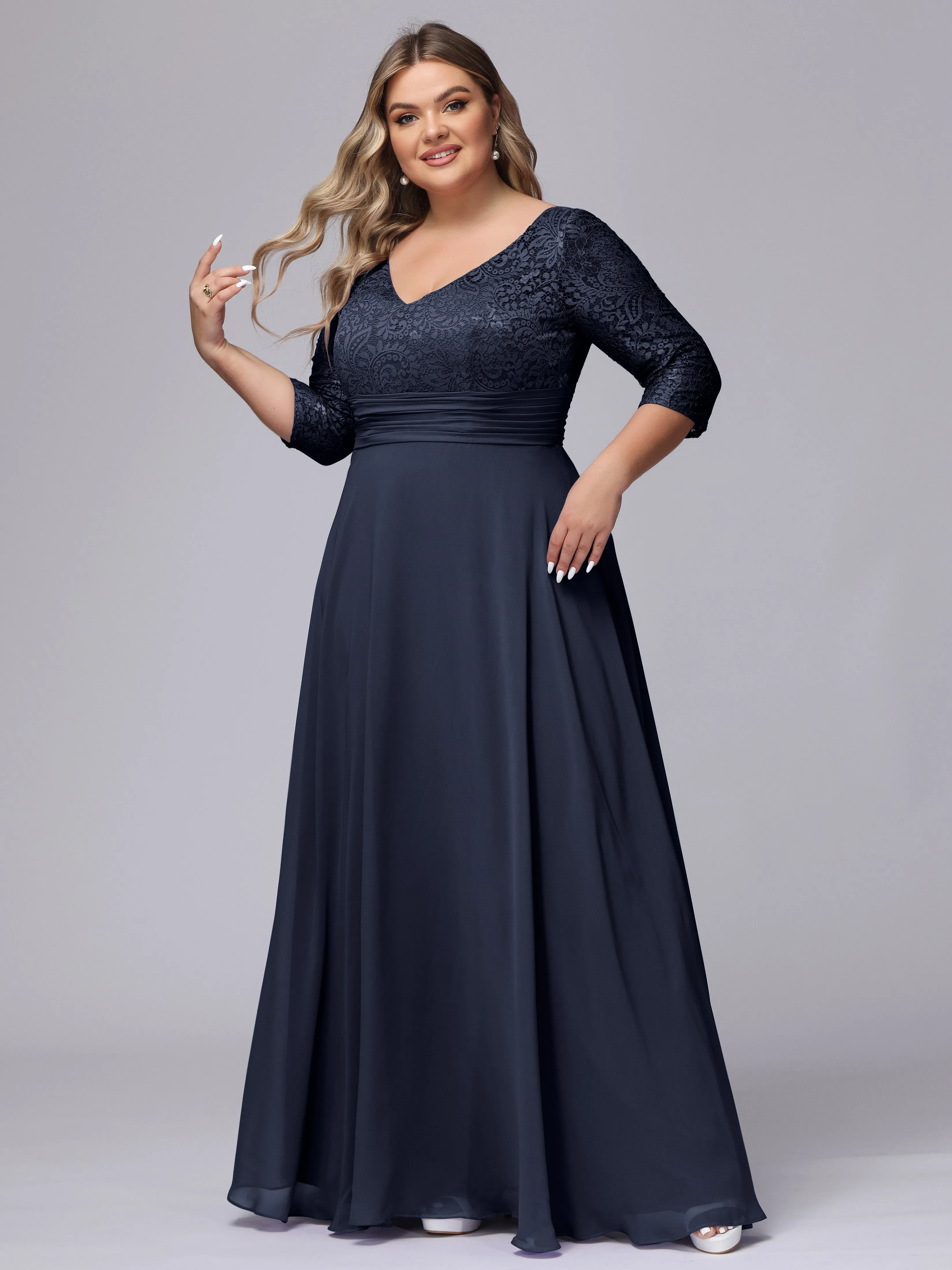 A-line V-Neck 3/4 Sleeves Lace Chiffon Plus Size Bridesmaid Dresses