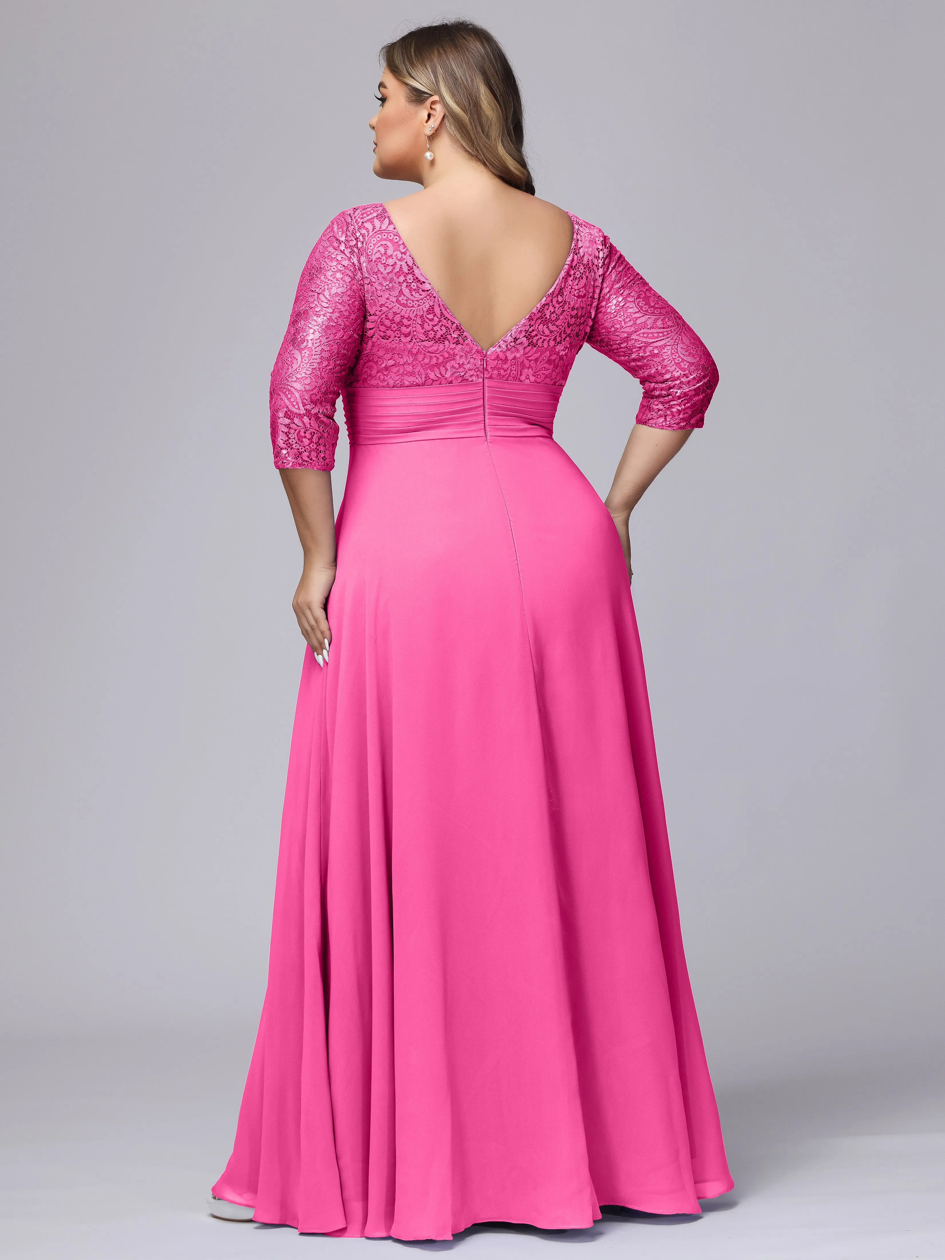 A-line V-Neck 3/4 Sleeves Lace Chiffon Plus Size Bridesmaid Dresses
