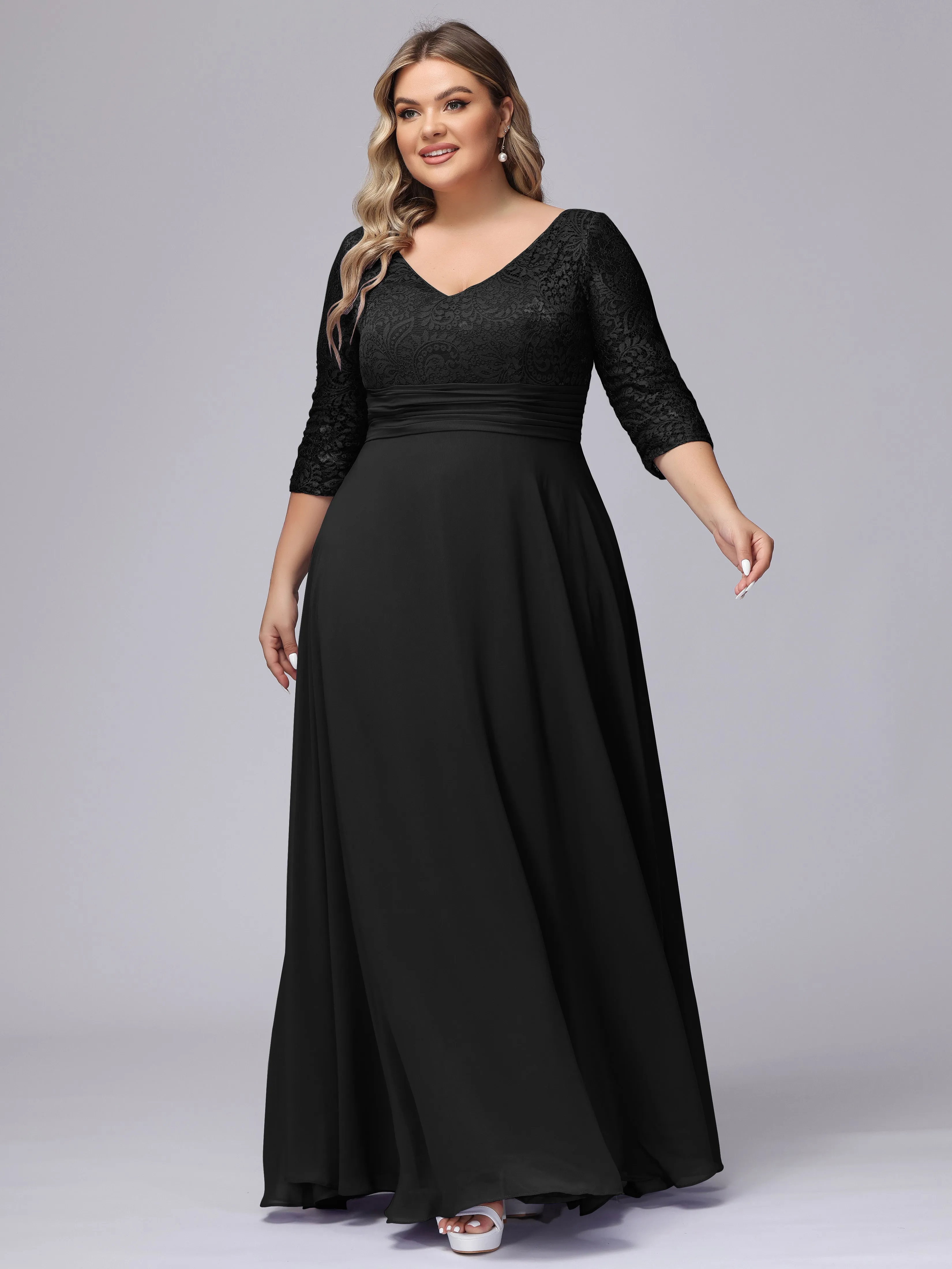 A-line V-Neck 3/4 Sleeves Lace Chiffon Plus Size Bridesmaid Dresses