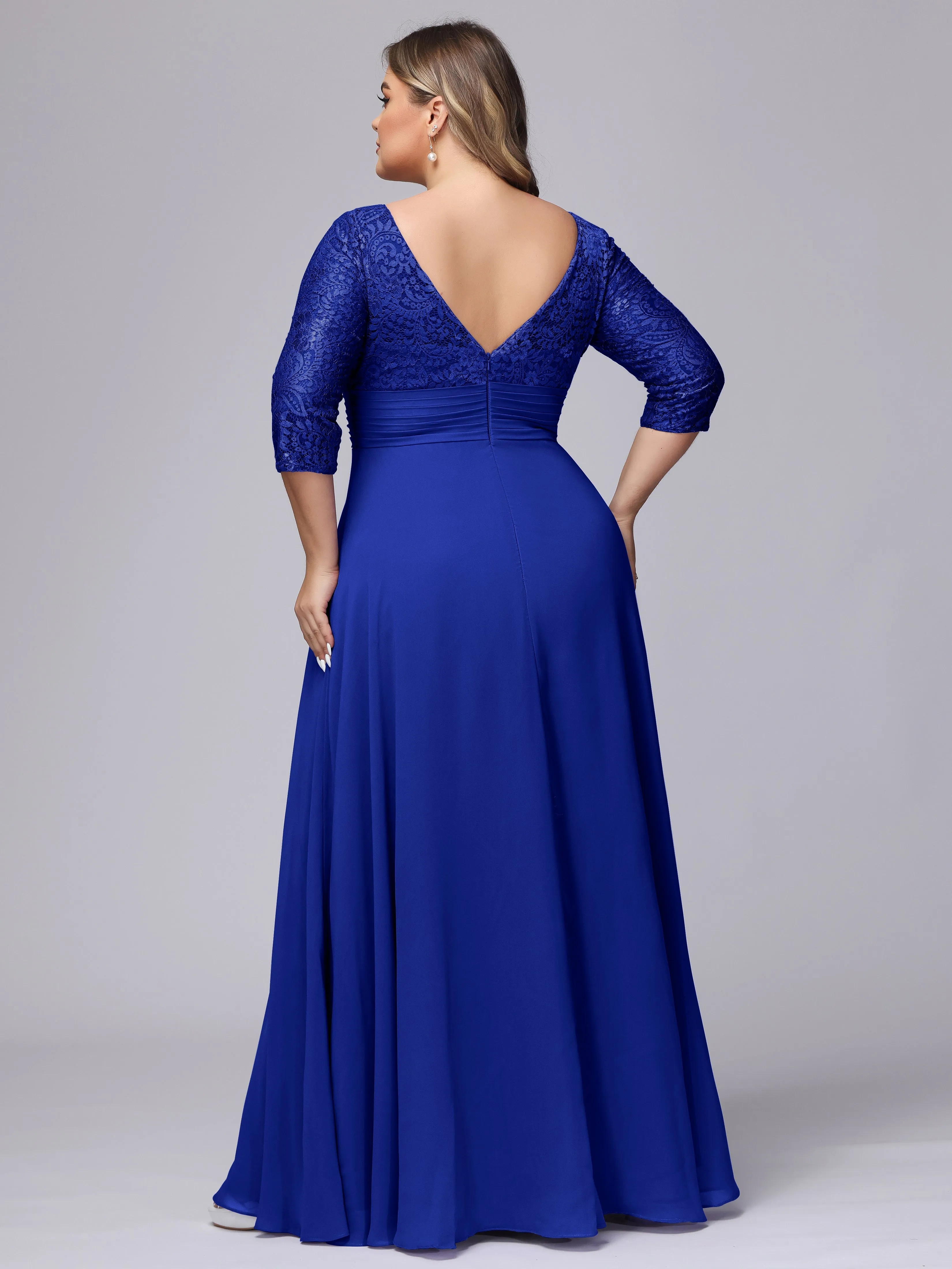 A-line V-Neck 3/4 Sleeves Lace Chiffon Plus Size Bridesmaid Dresses