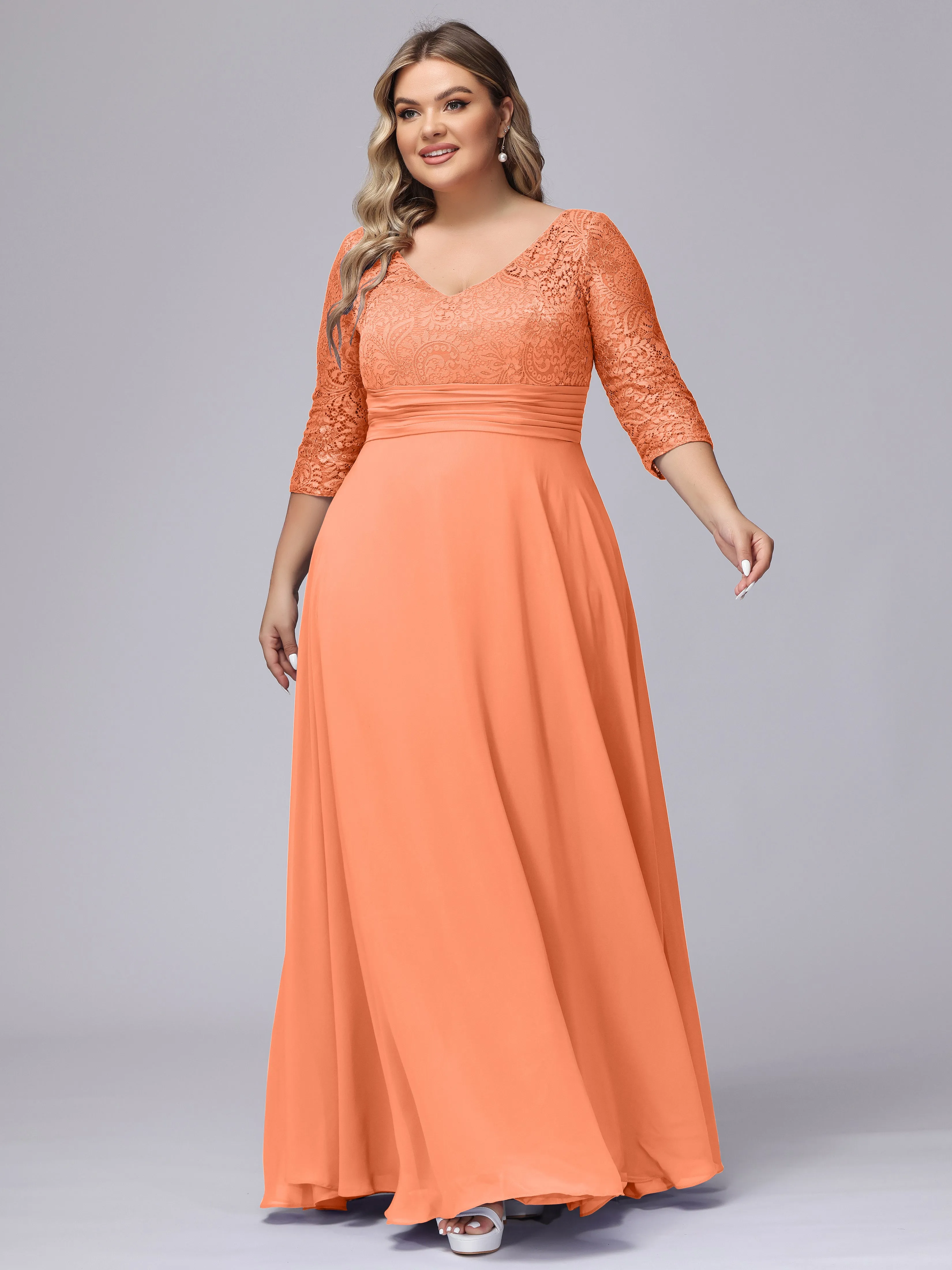 A-line V-Neck 3/4 Sleeves Lace Chiffon Plus Size Bridesmaid Dresses