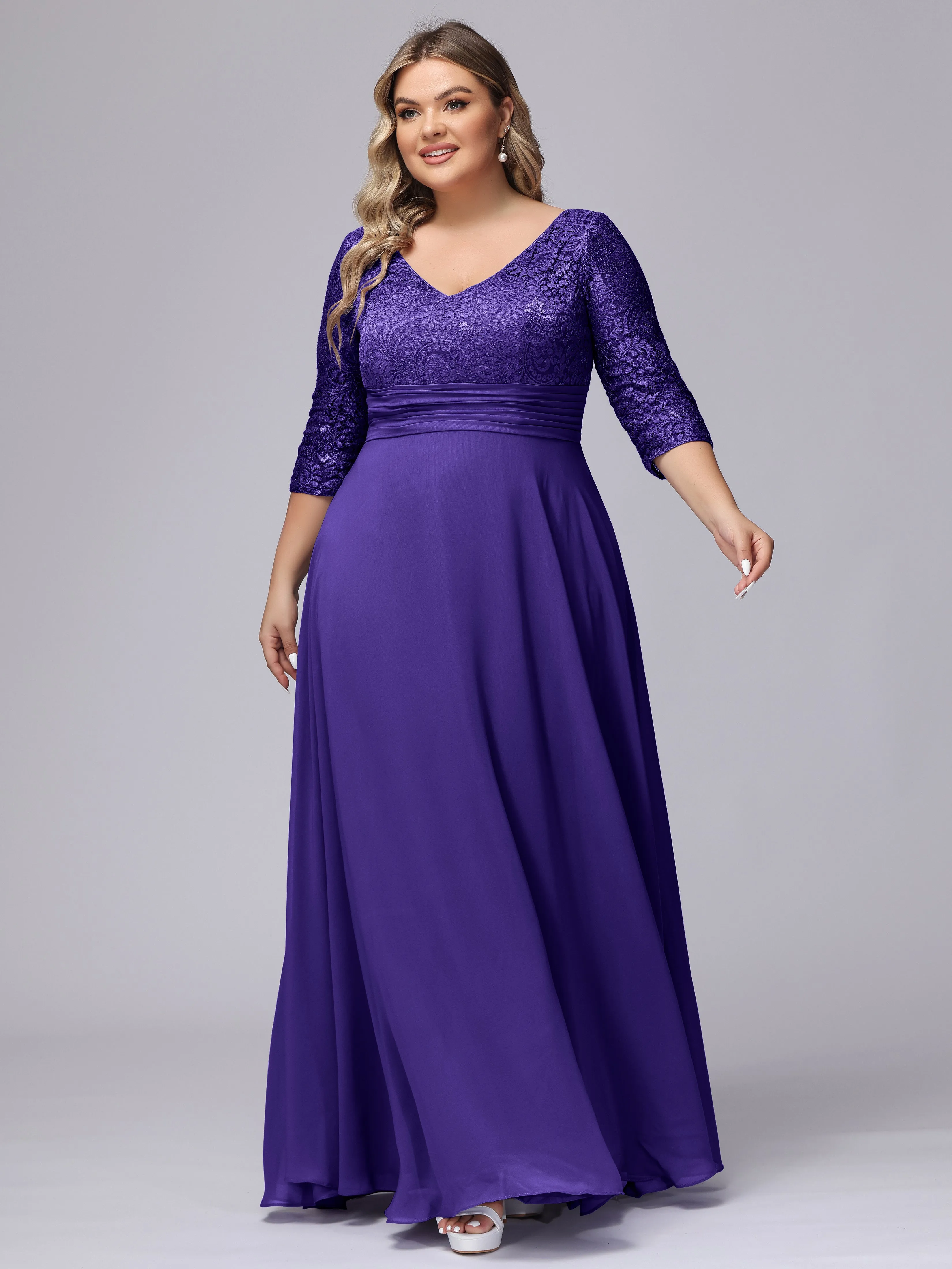 A-line V-Neck 3/4 Sleeves Lace Chiffon Plus Size Bridesmaid Dresses