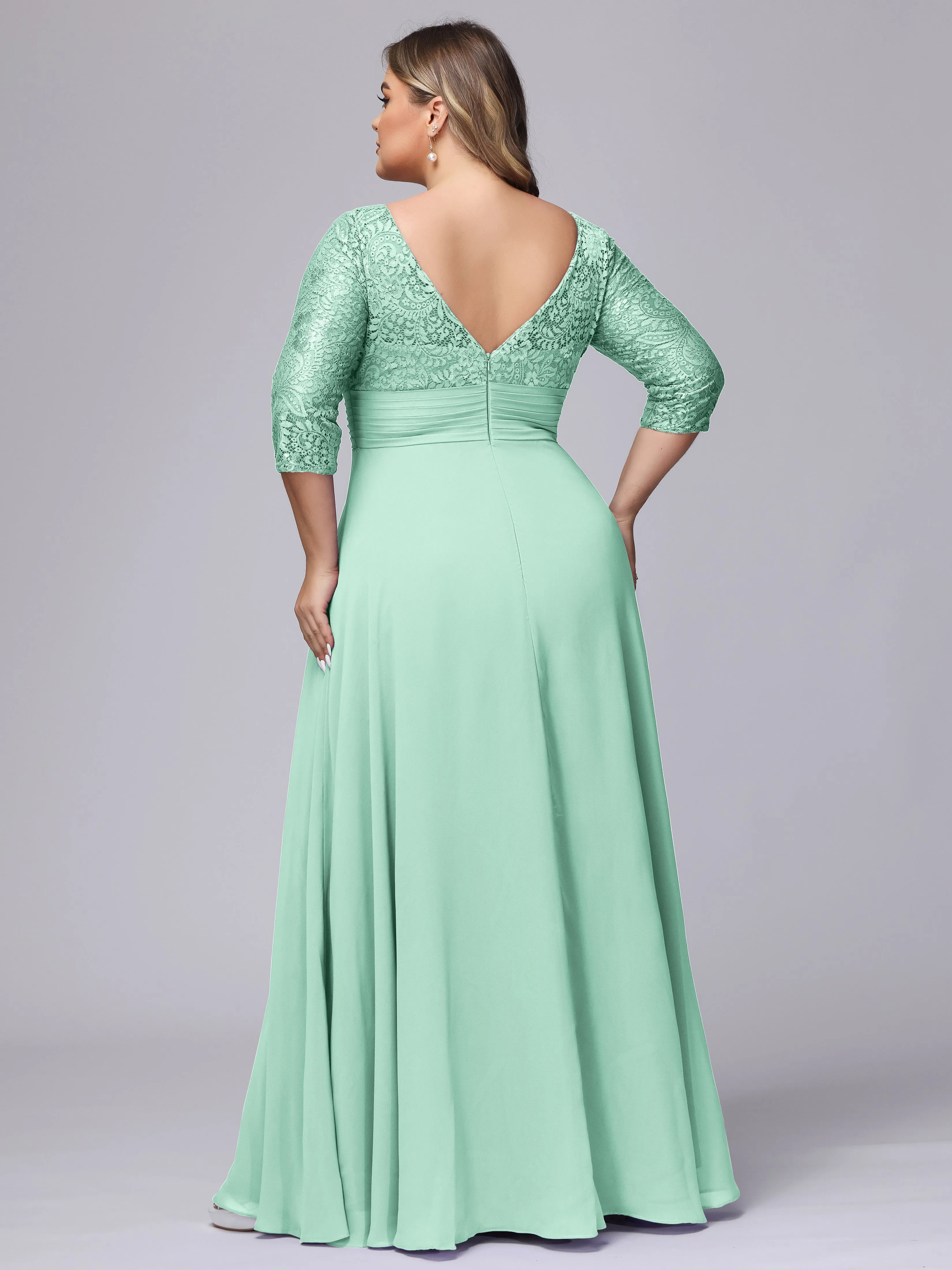 A-line V-Neck 3/4 Sleeves Lace Chiffon Plus Size Bridesmaid Dresses