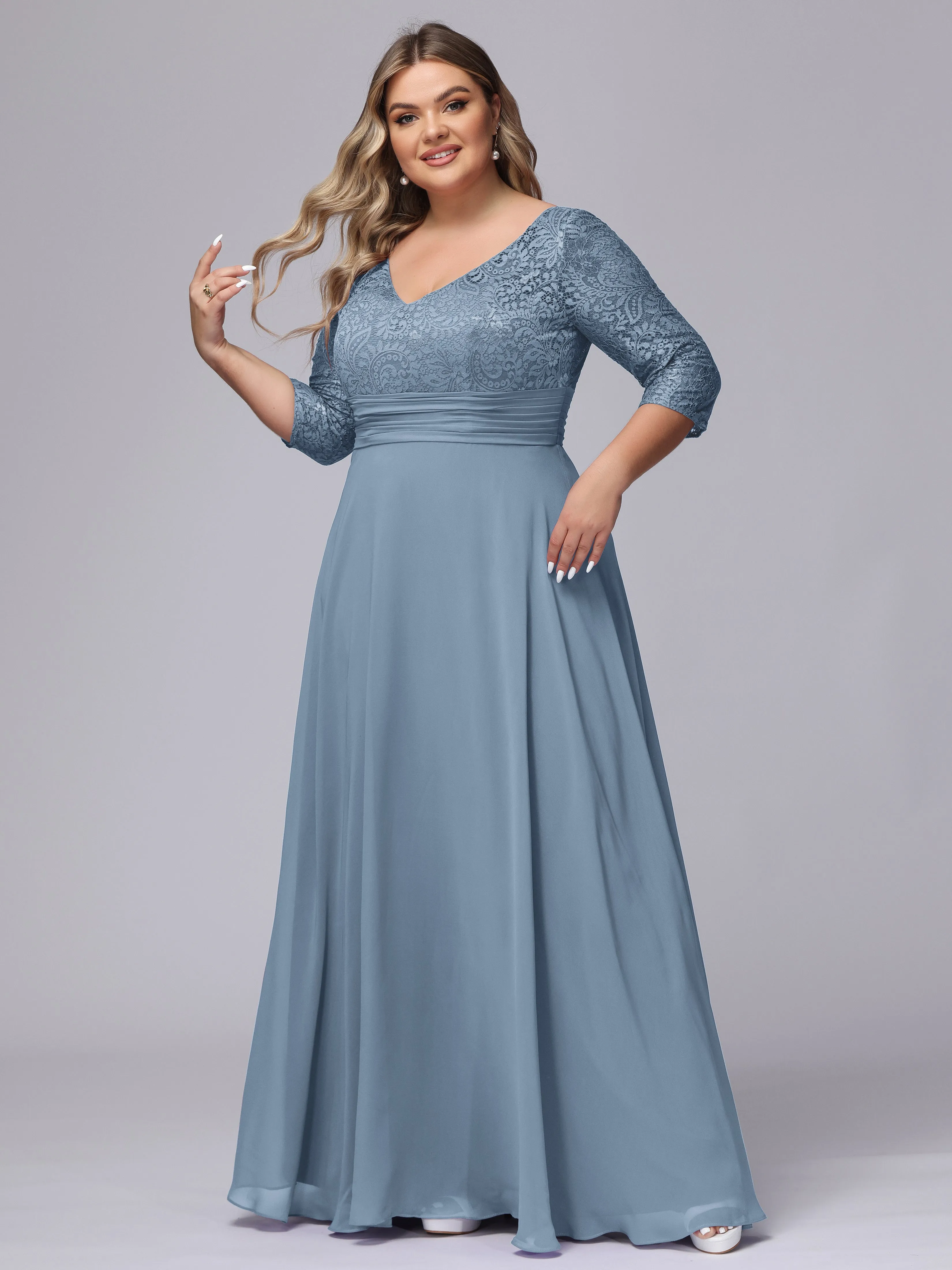 A-line V-Neck 3/4 Sleeves Lace Chiffon Plus Size Bridesmaid Dresses