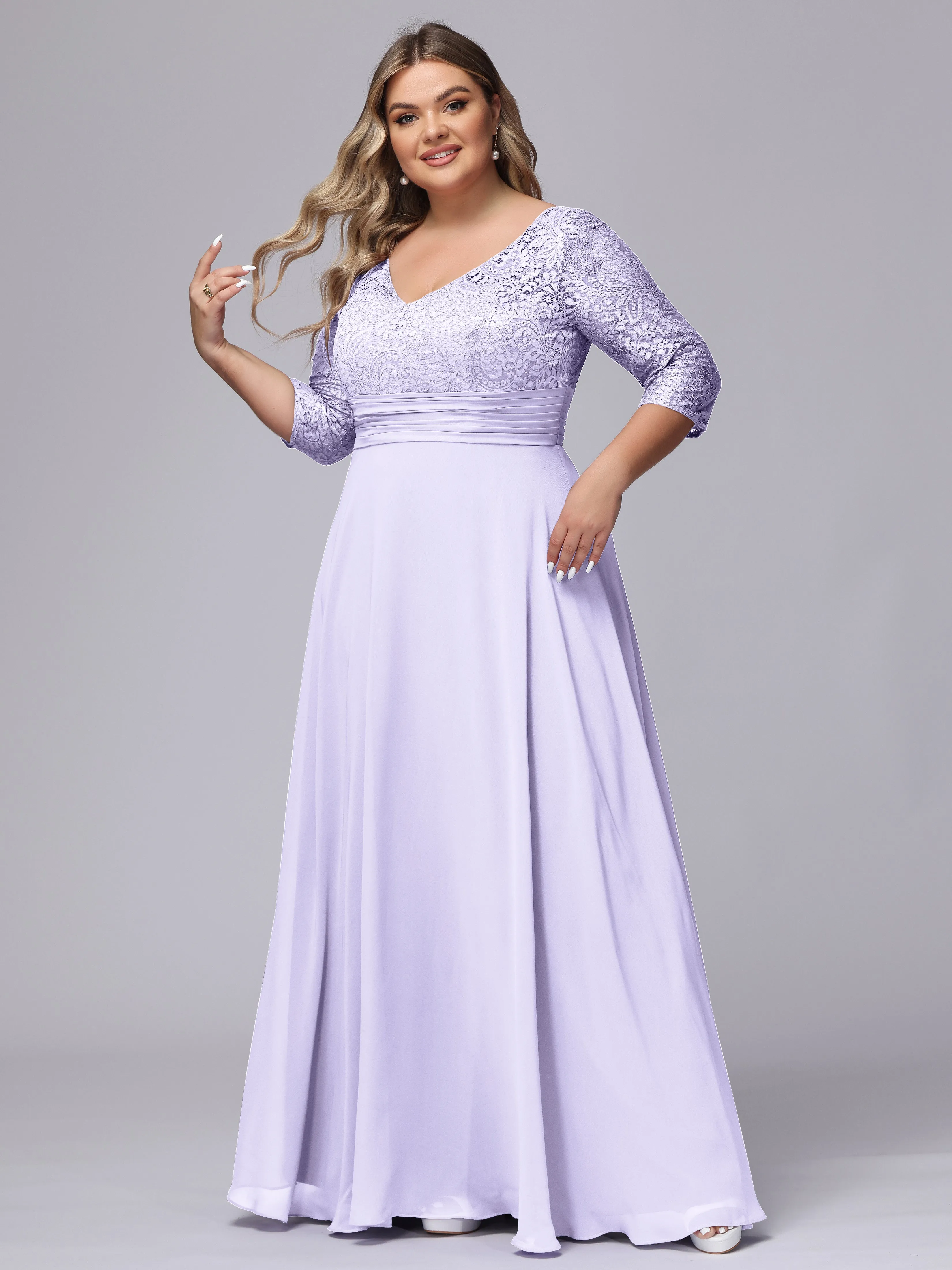 A-line V-Neck 3/4 Sleeves Lace Chiffon Plus Size Bridesmaid Dresses