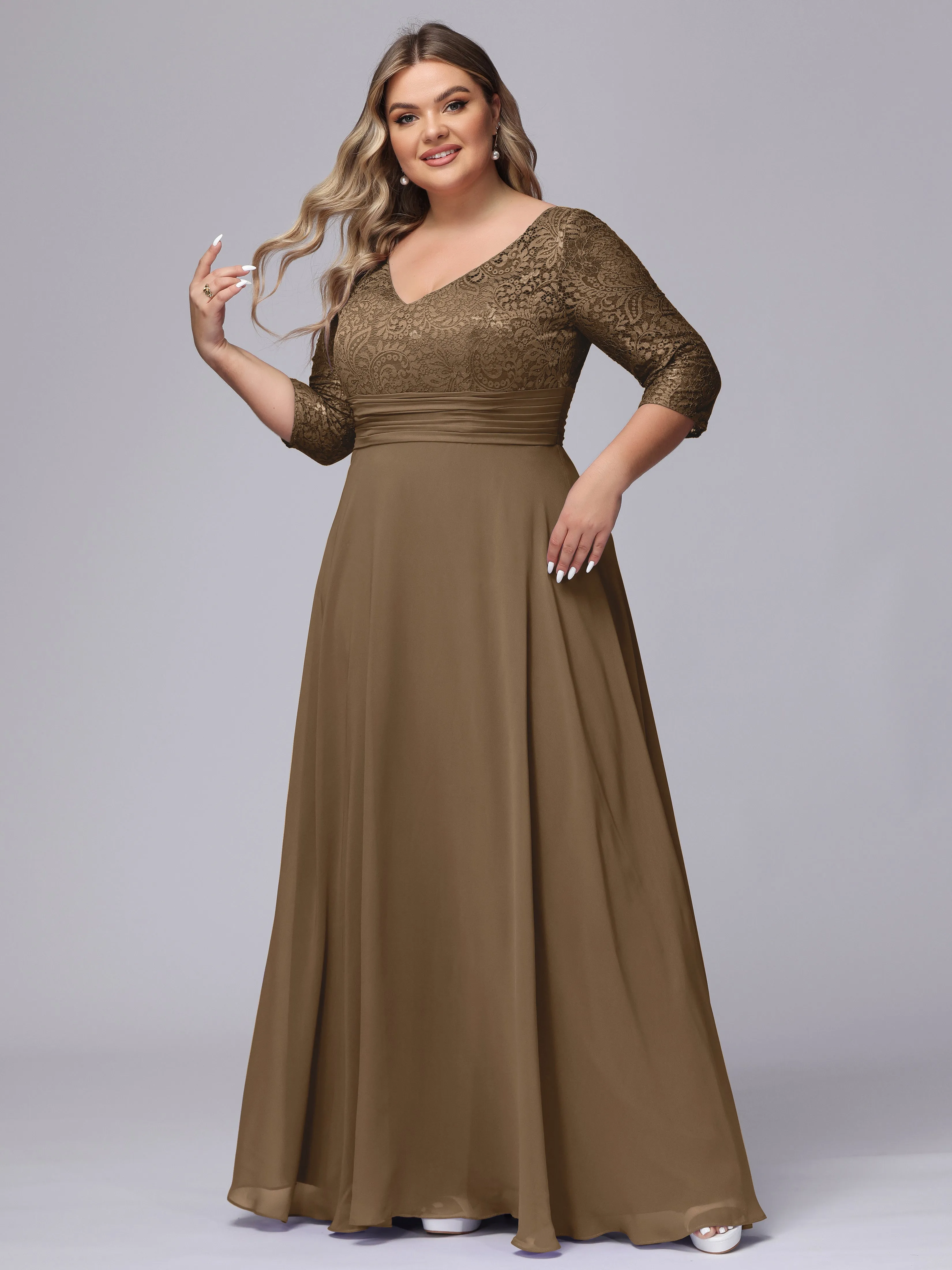 A-line V-Neck 3/4 Sleeves Lace Chiffon Plus Size Bridesmaid Dresses