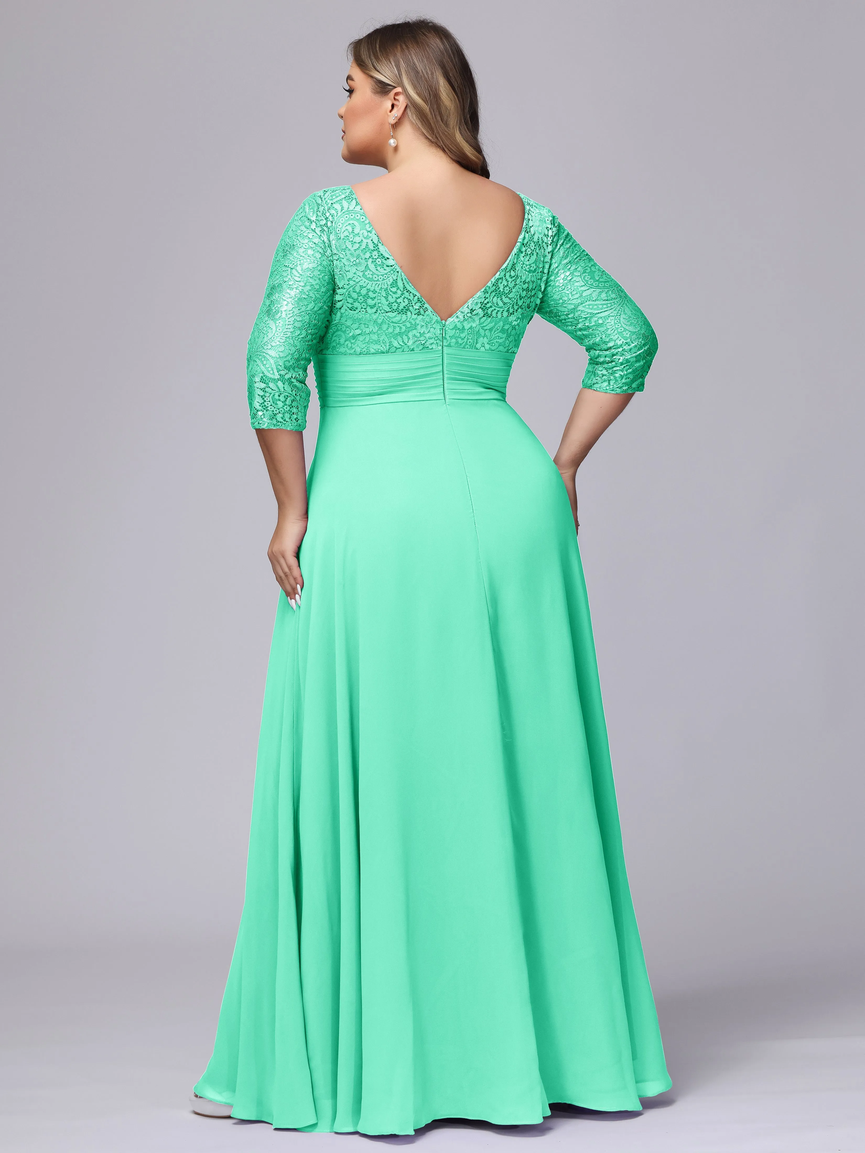 A-line V-Neck 3/4 Sleeves Lace Chiffon Plus Size Bridesmaid Dresses