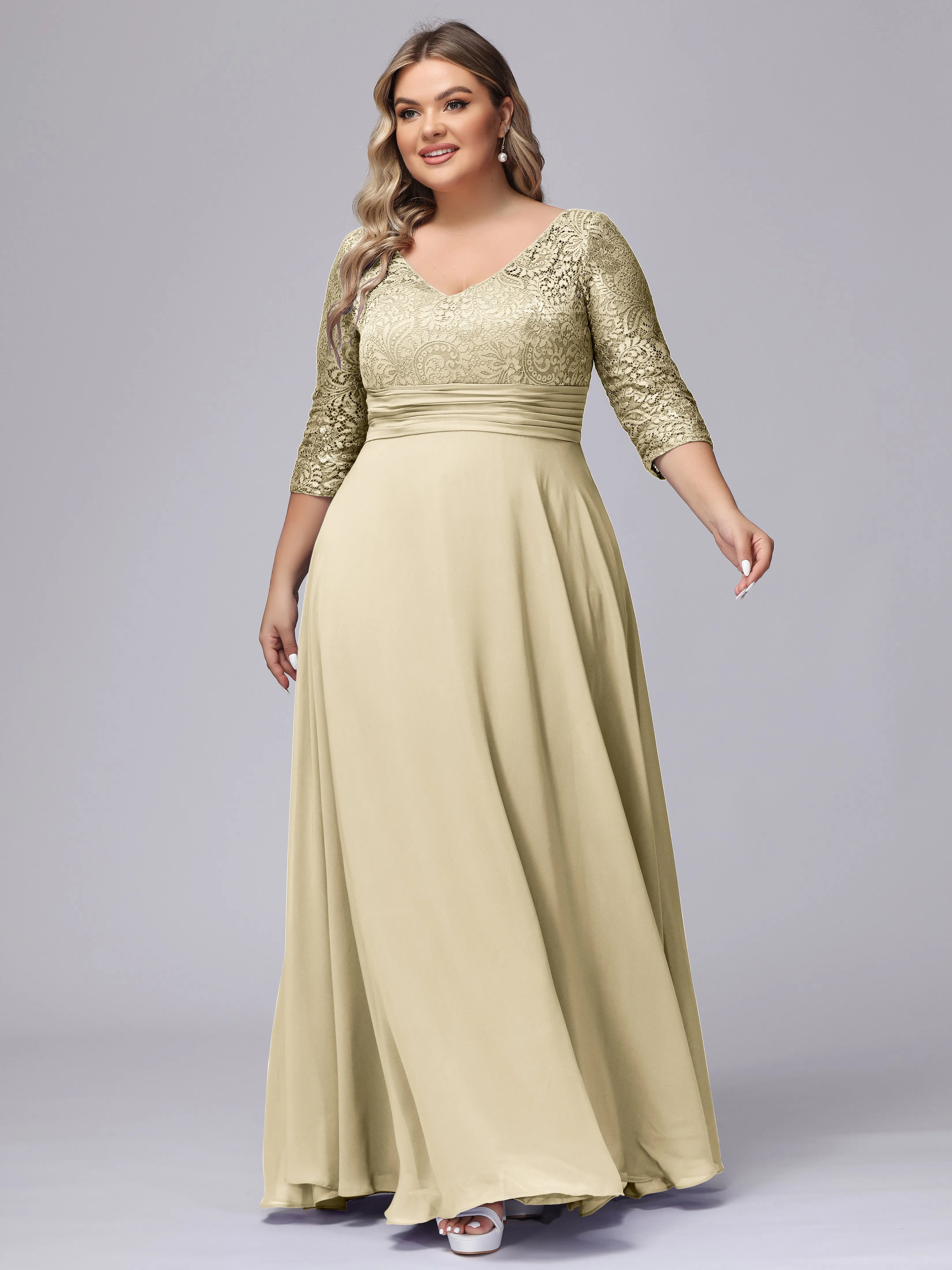 A-line V-Neck 3/4 Sleeves Lace Chiffon Plus Size Bridesmaid Dresses