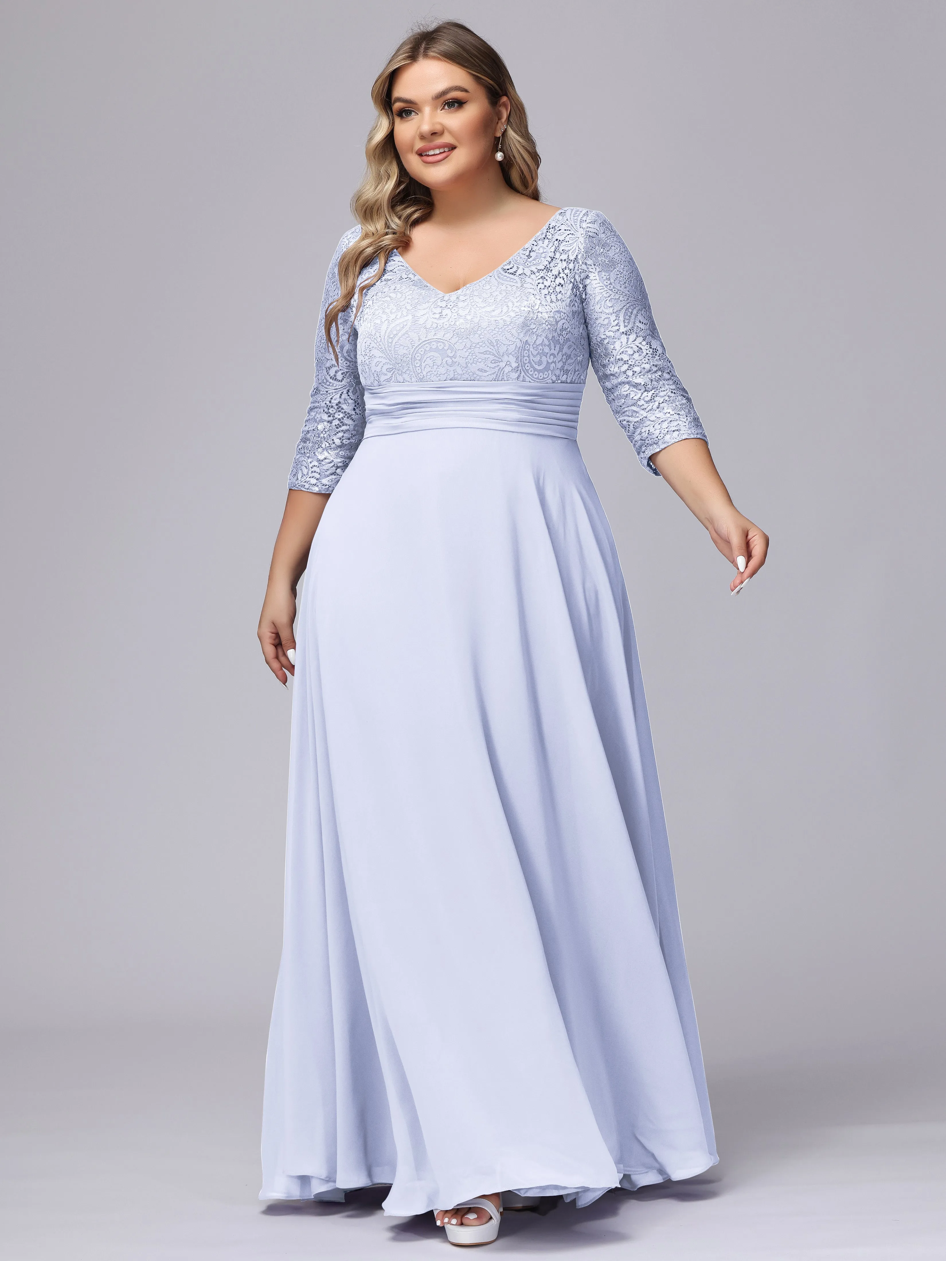 A-line V-Neck 3/4 Sleeves Lace Chiffon Plus Size Bridesmaid Dresses