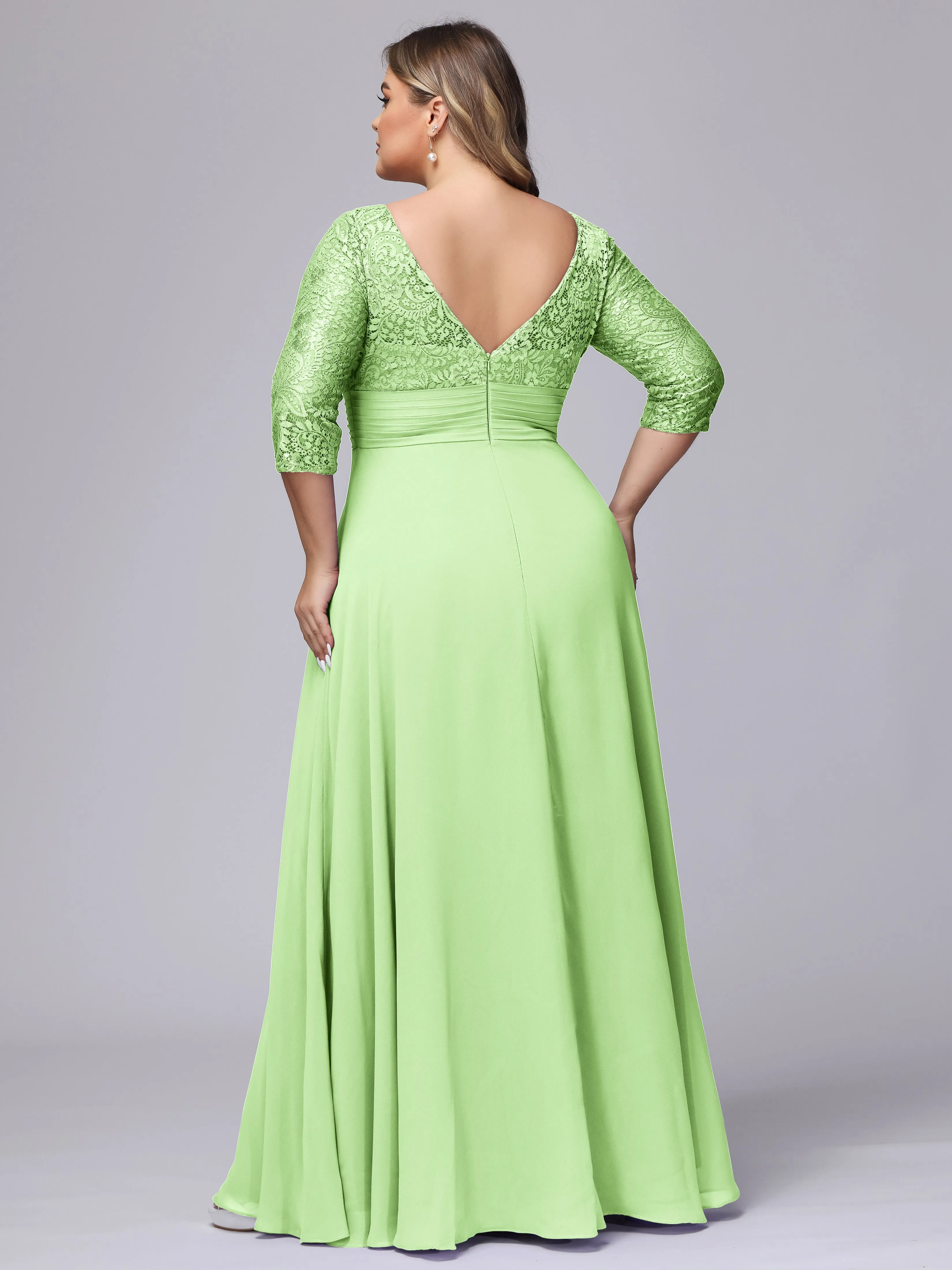 A-line V-Neck 3/4 Sleeves Lace Chiffon Plus Size Bridesmaid Dresses