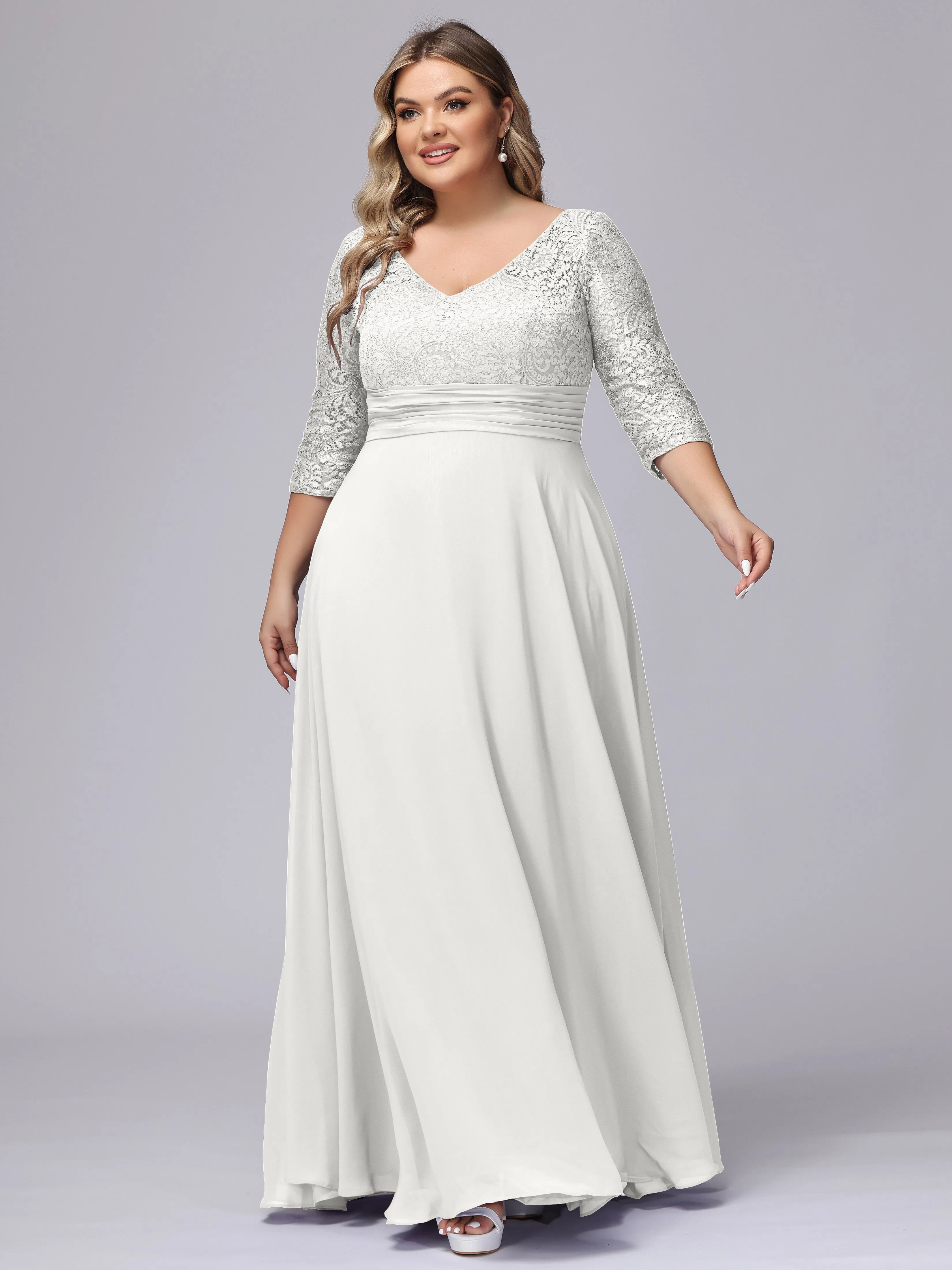 A-line V-Neck 3/4 Sleeves Lace Chiffon Plus Size Bridesmaid Dresses