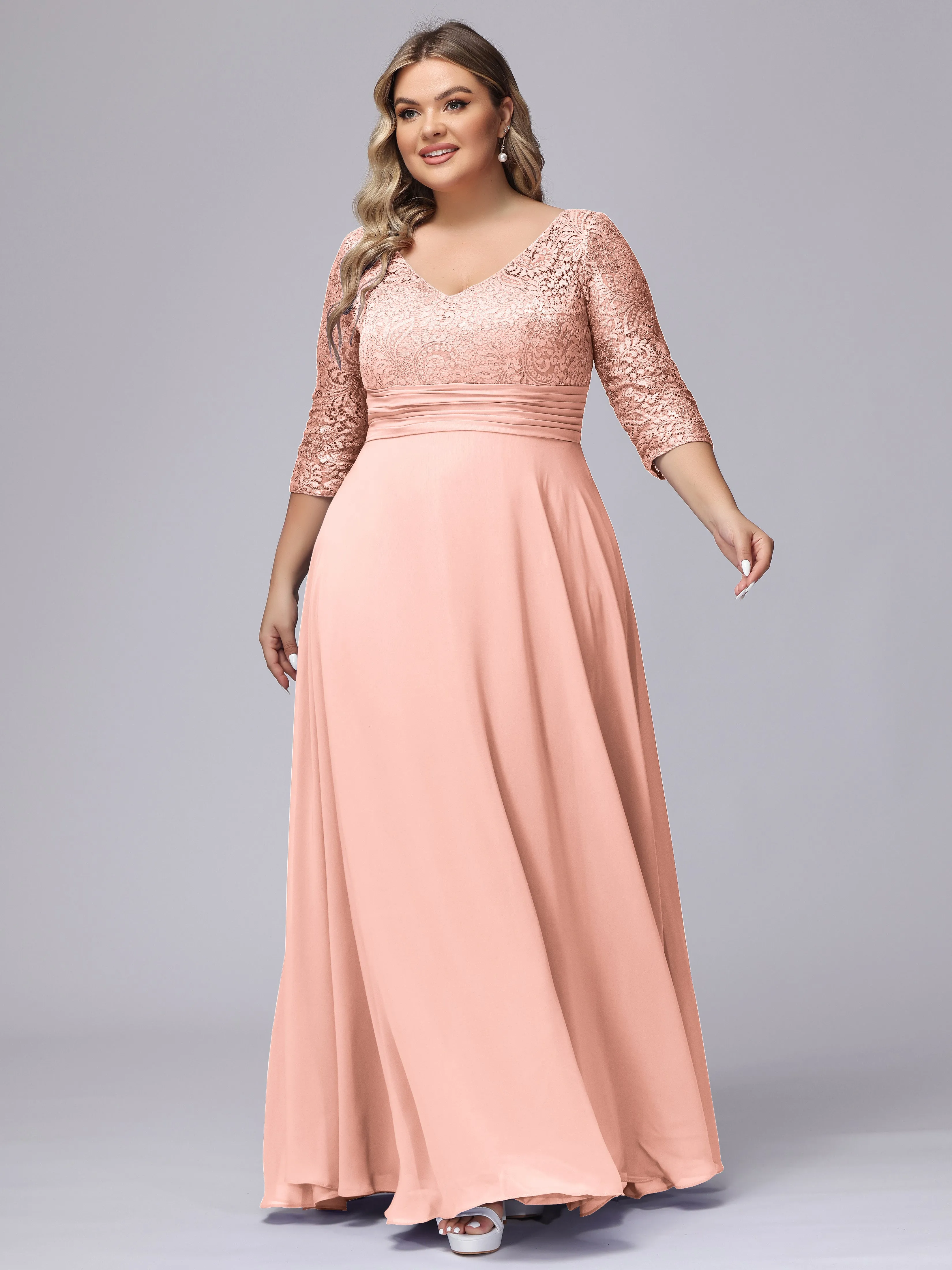 A-line V-Neck 3/4 Sleeves Lace Chiffon Plus Size Bridesmaid Dresses