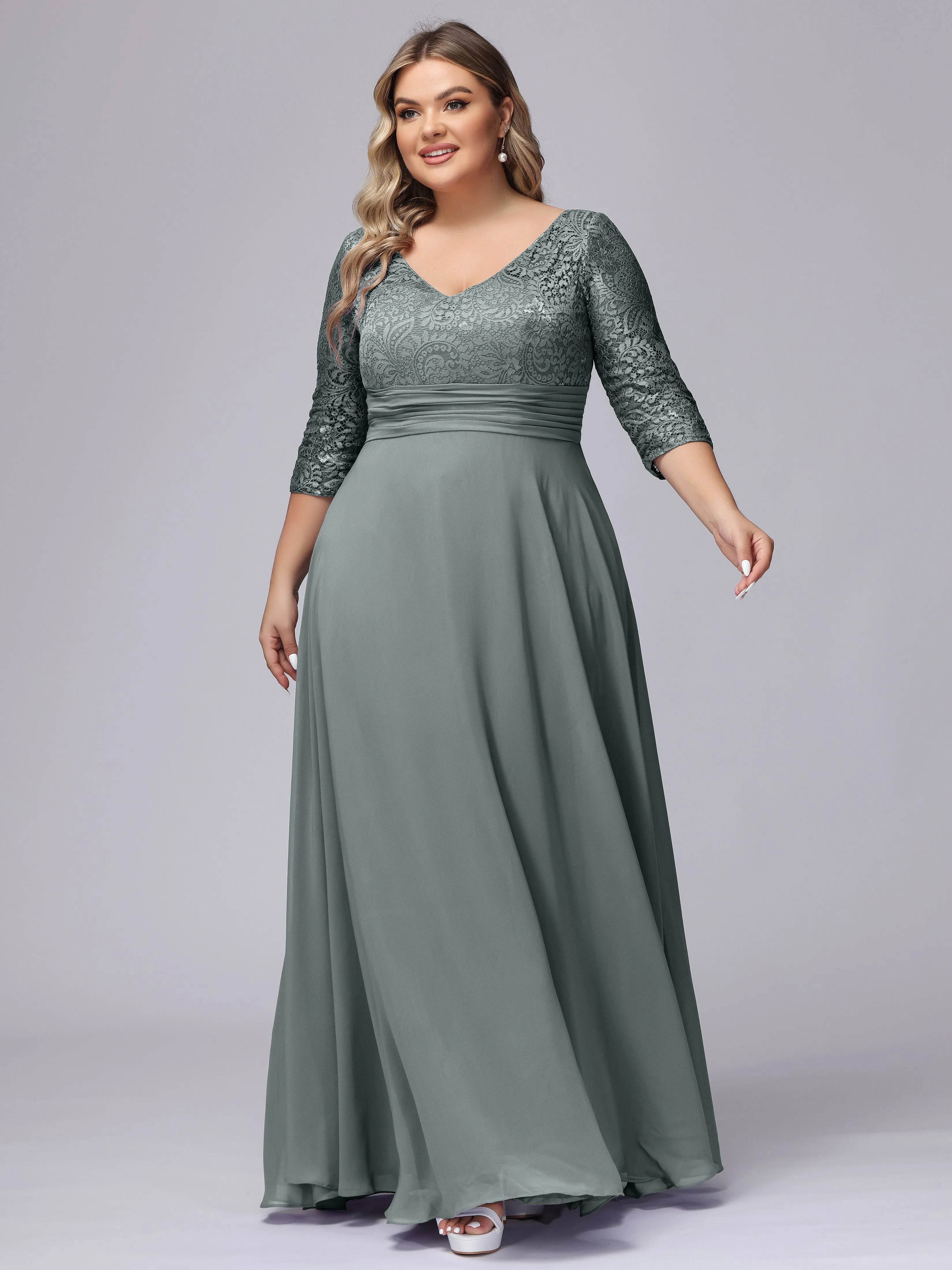 A-line V-Neck 3/4 Sleeves Lace Chiffon Plus Size Bridesmaid Dresses