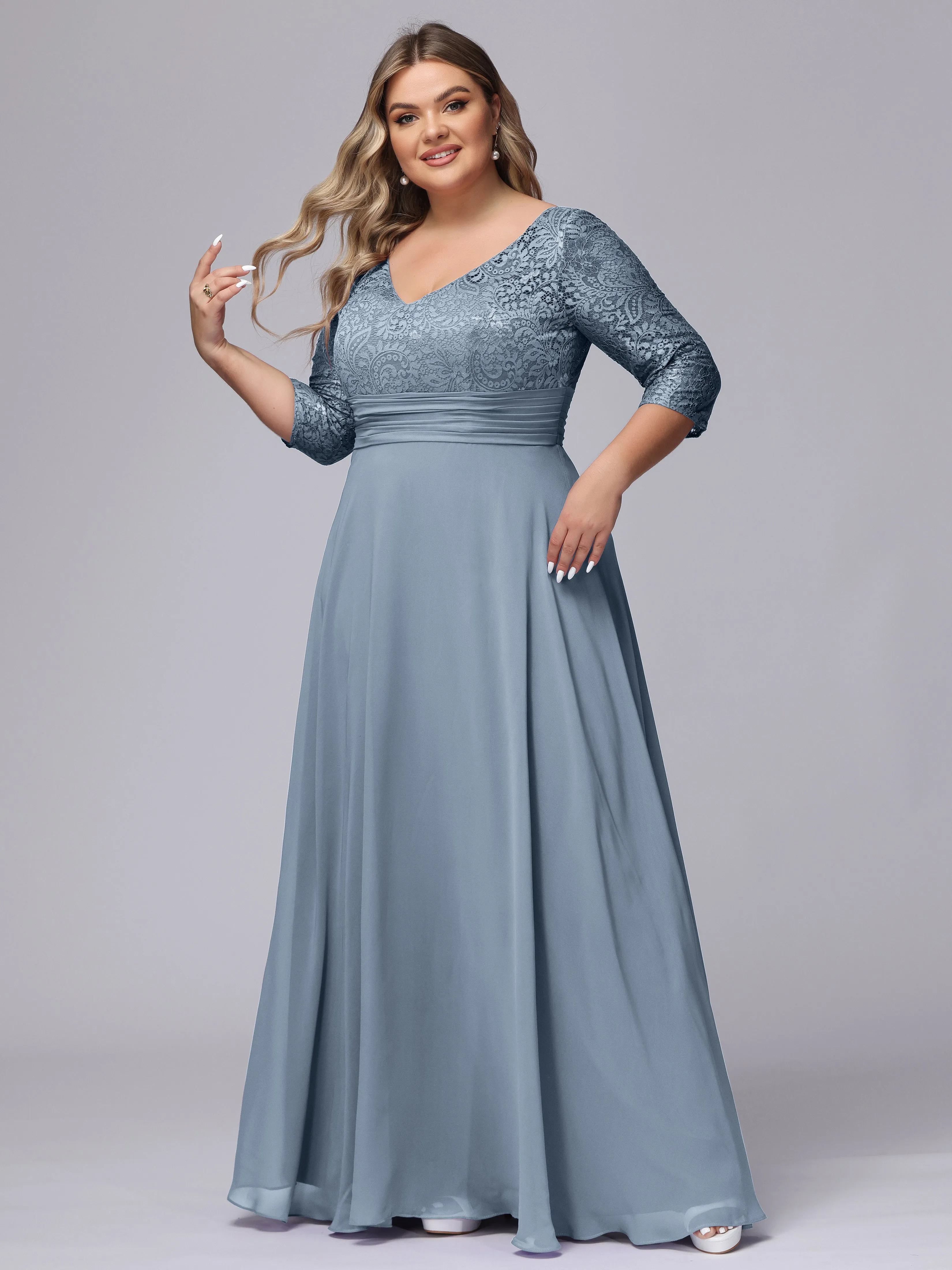 A-line V-Neck 3/4 Sleeves Lace Chiffon Plus Size Bridesmaid Dresses