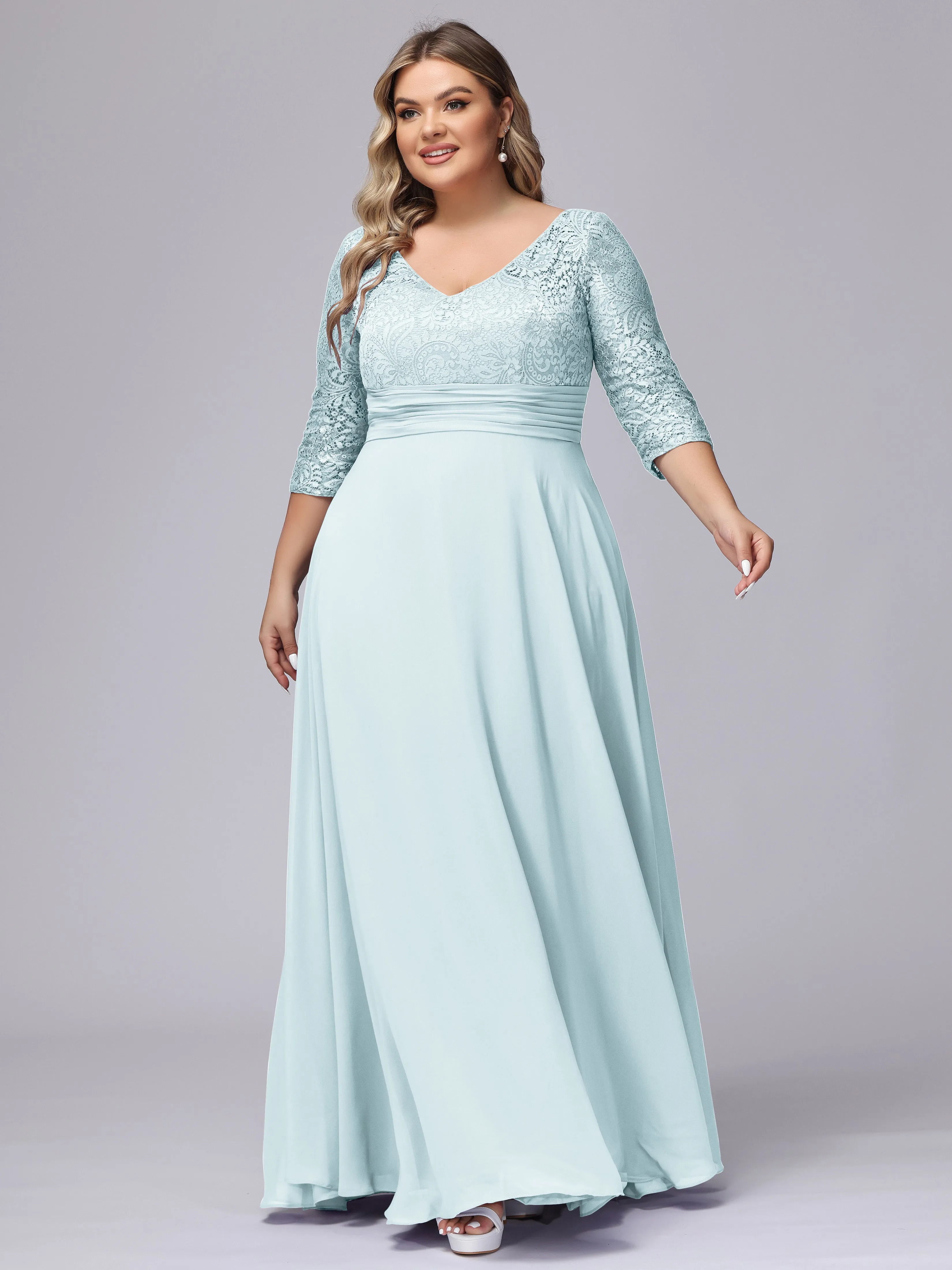 A-line V-Neck 3/4 Sleeves Lace Chiffon Plus Size Bridesmaid Dresses
