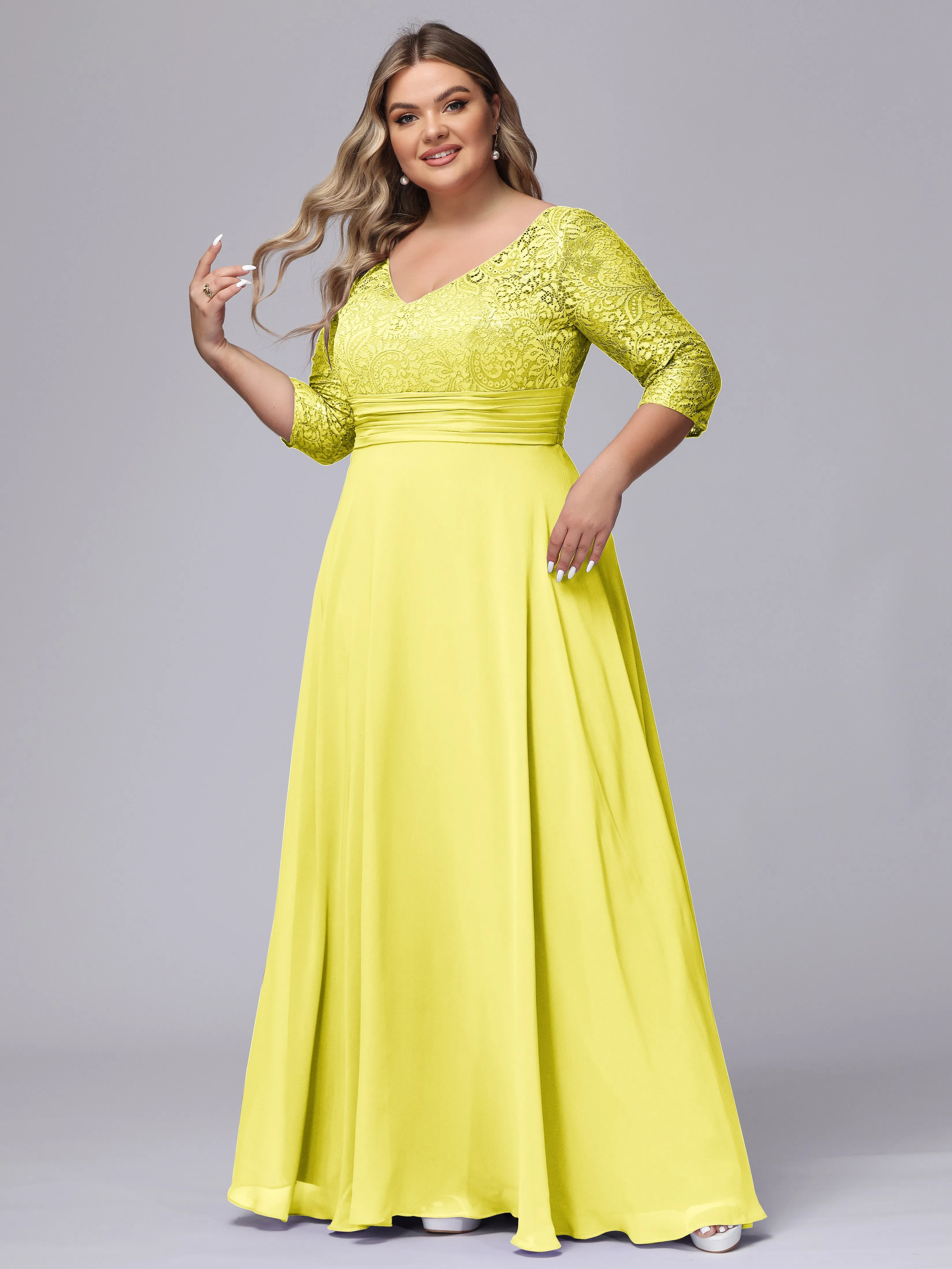 A-line V-Neck 3/4 Sleeves Lace Chiffon Plus Size Bridesmaid Dresses