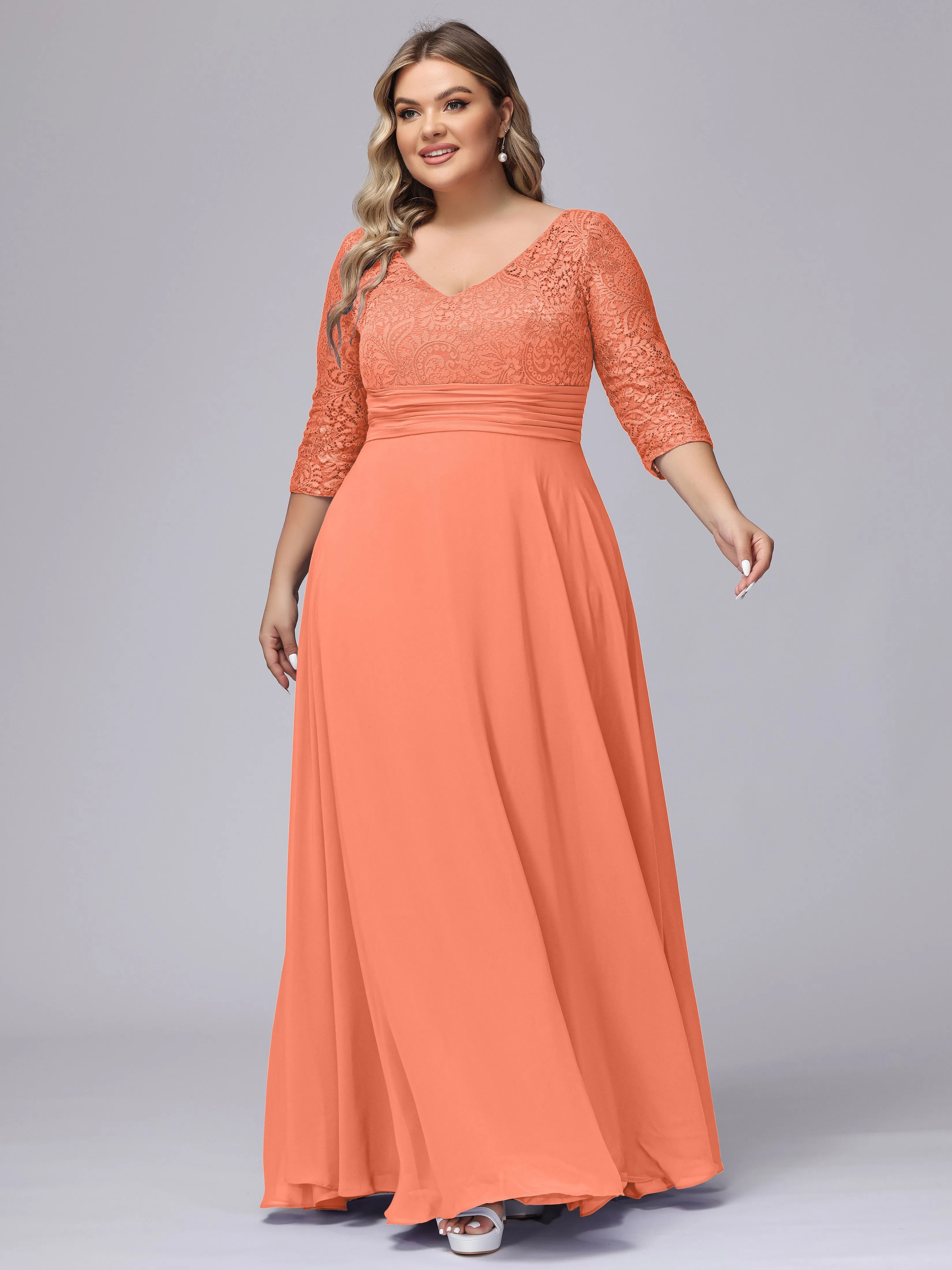 A-line V-Neck 3/4 Sleeves Lace Chiffon Plus Size Bridesmaid Dresses