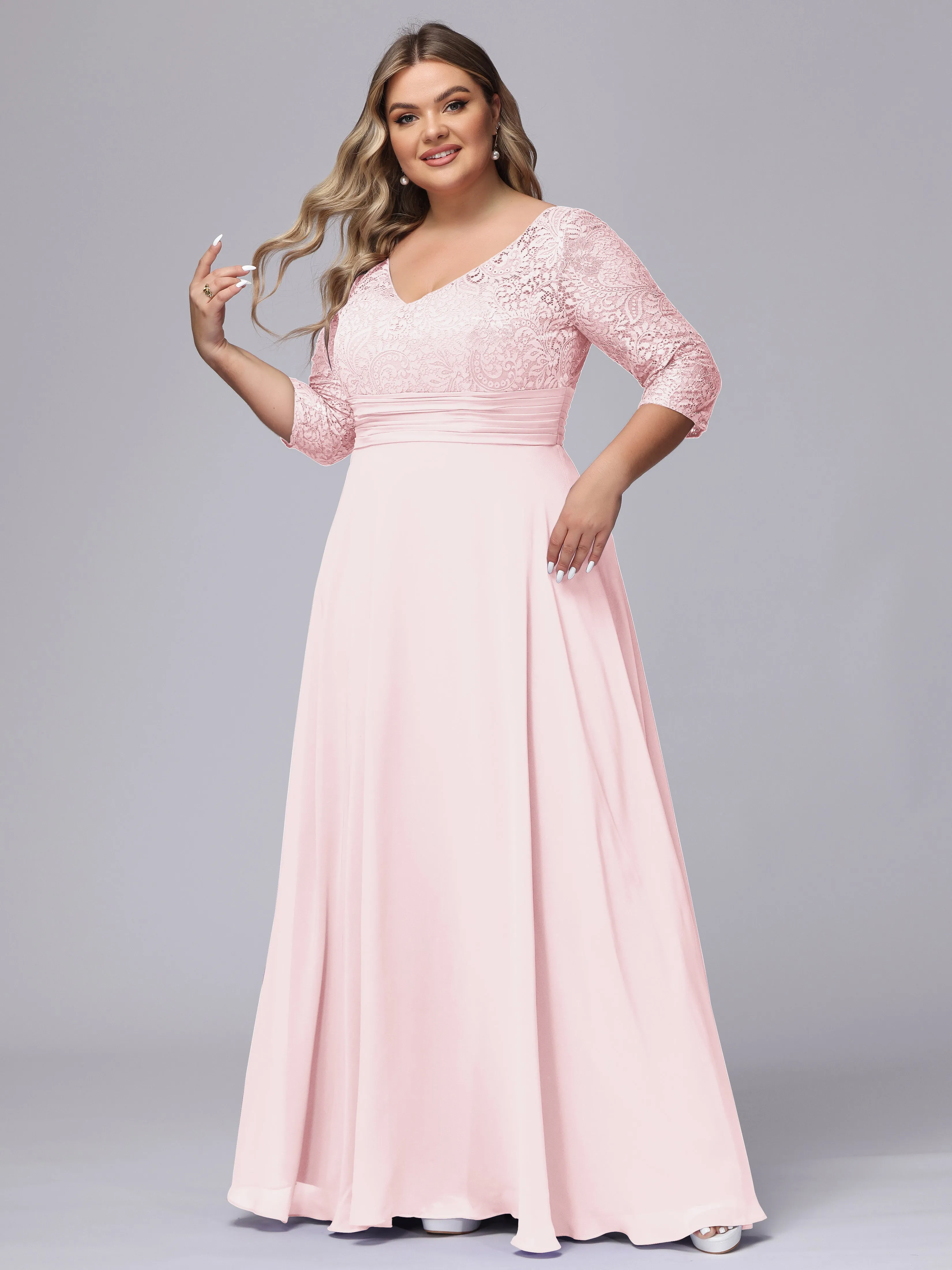 A-line V-Neck 3/4 Sleeves Lace Chiffon Plus Size Bridesmaid Dresses