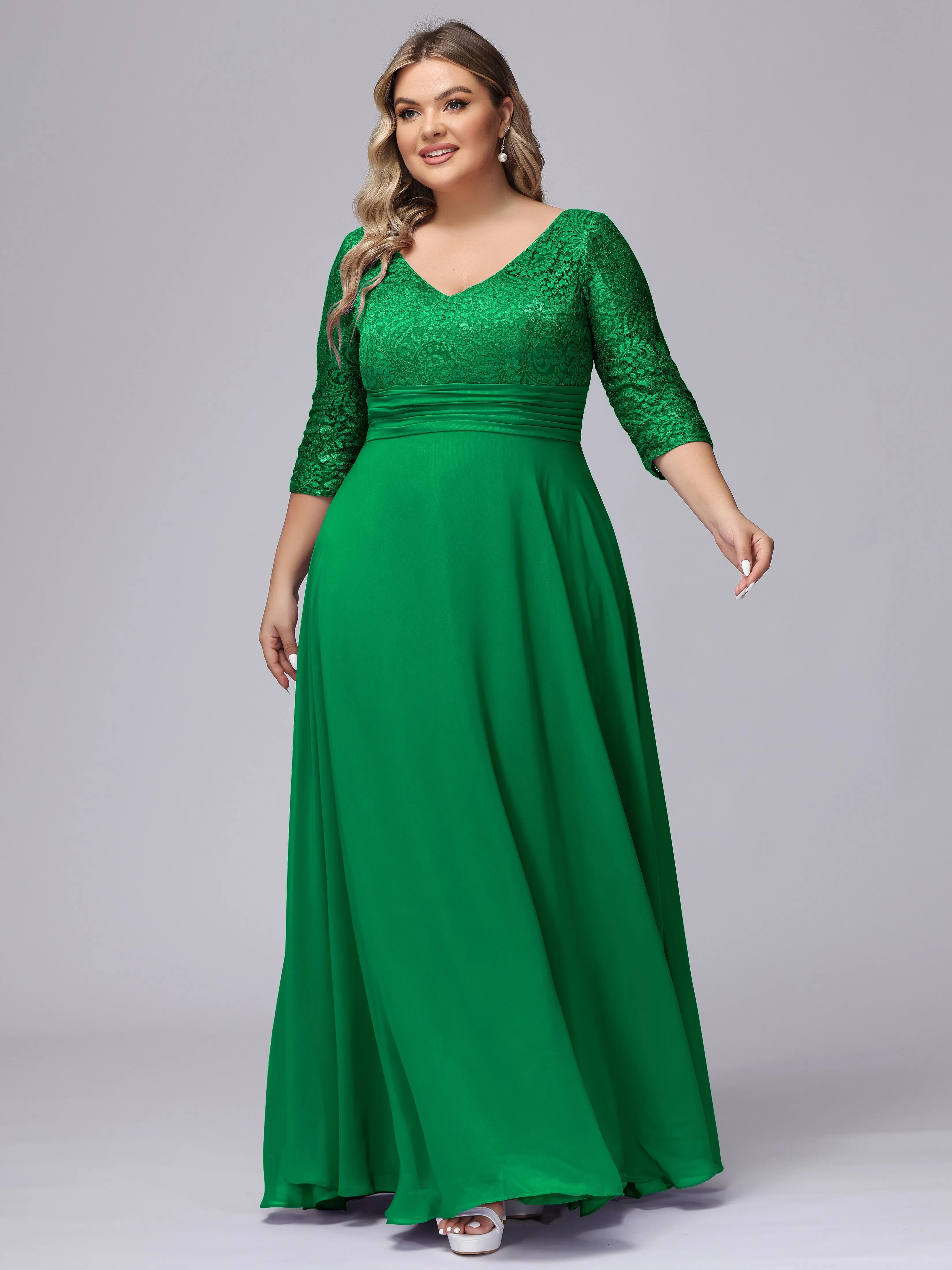 A-line V-Neck 3/4 Sleeves Lace Chiffon Plus Size Bridesmaid Dresses