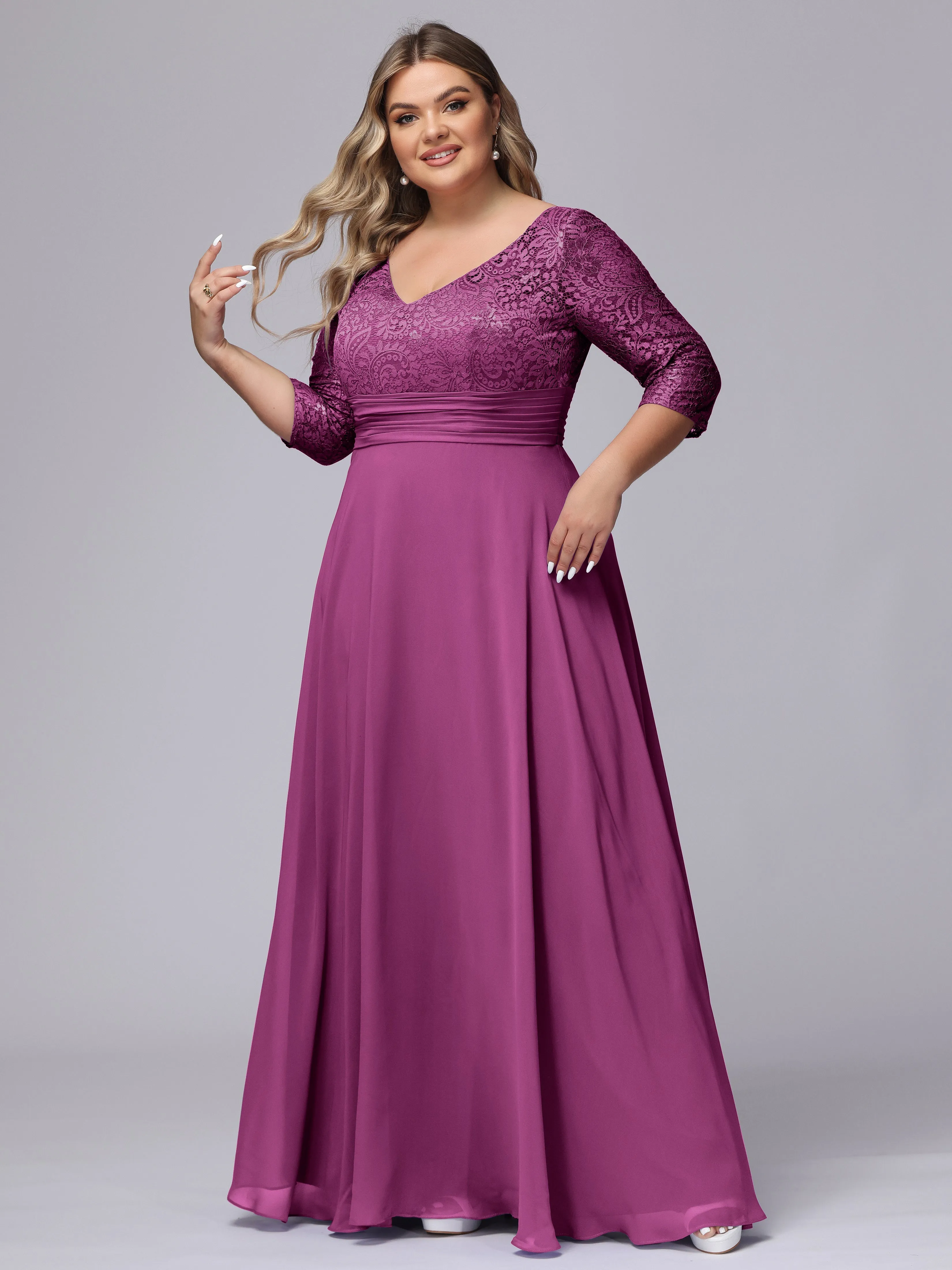 A-line V-Neck 3/4 Sleeves Lace Chiffon Plus Size Bridesmaid Dresses