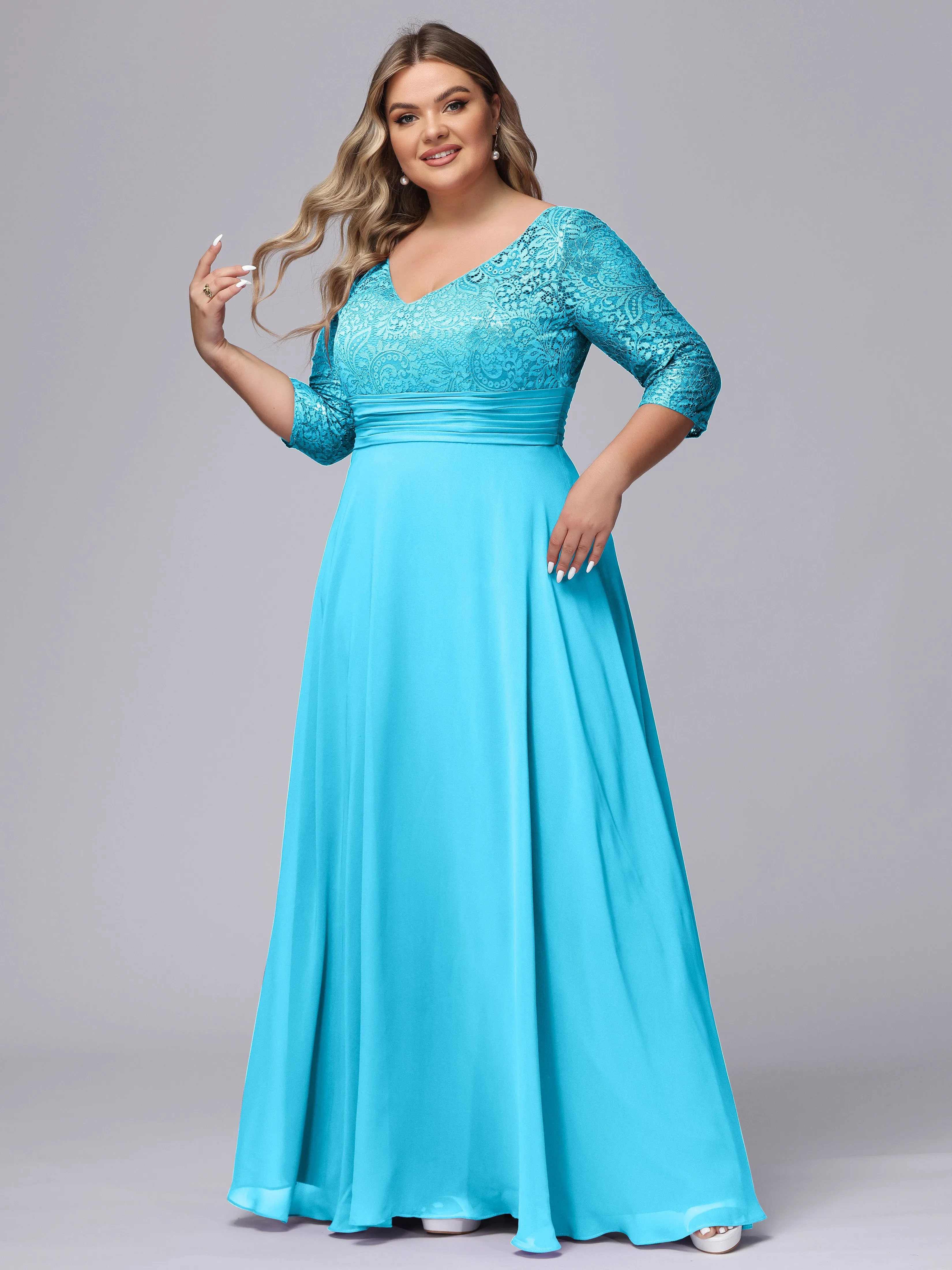 A-line V-Neck 3/4 Sleeves Lace Chiffon Plus Size Bridesmaid Dresses