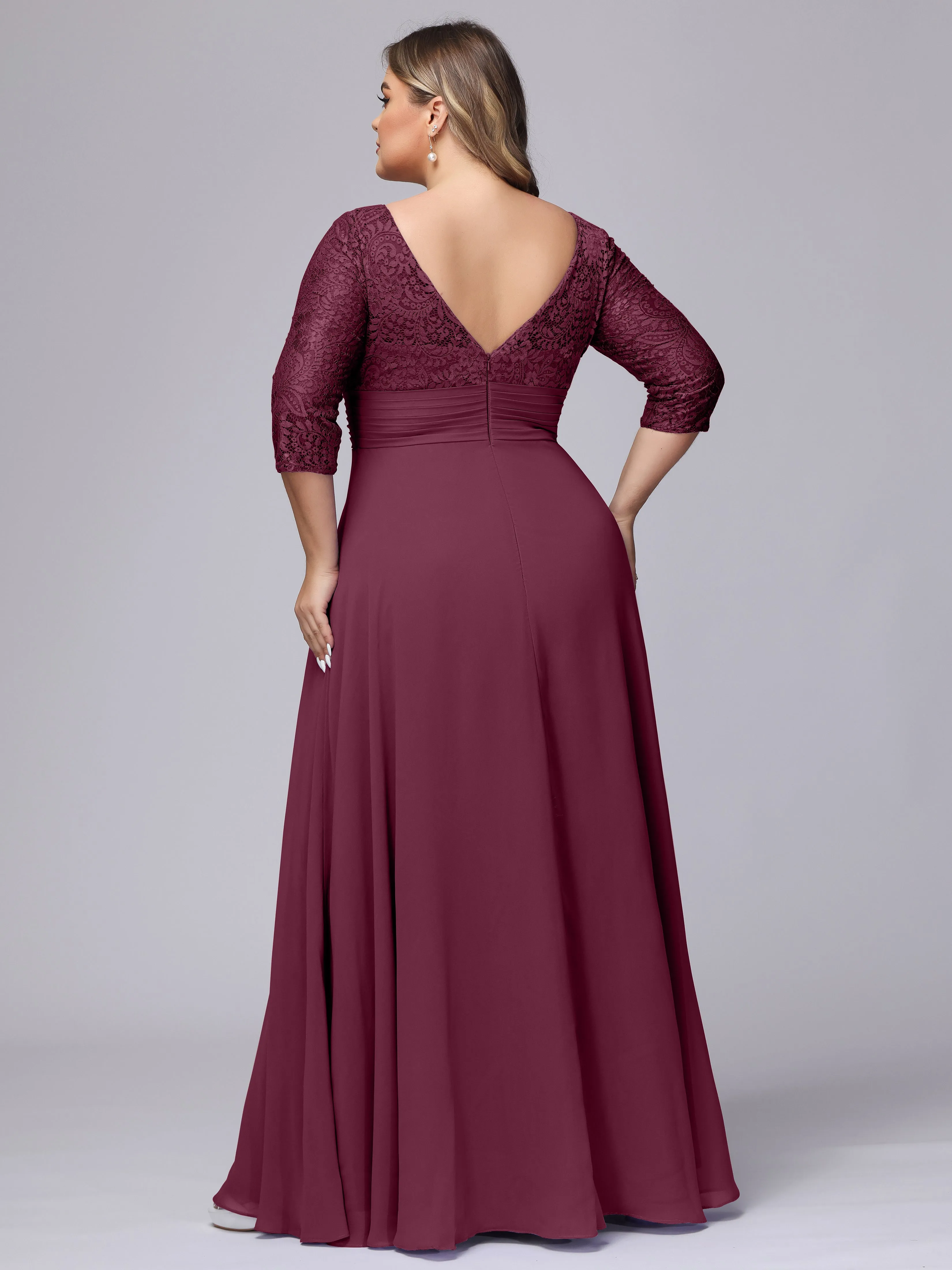 A-line V-Neck 3/4 Sleeves Lace Chiffon Plus Size Bridesmaid Dresses