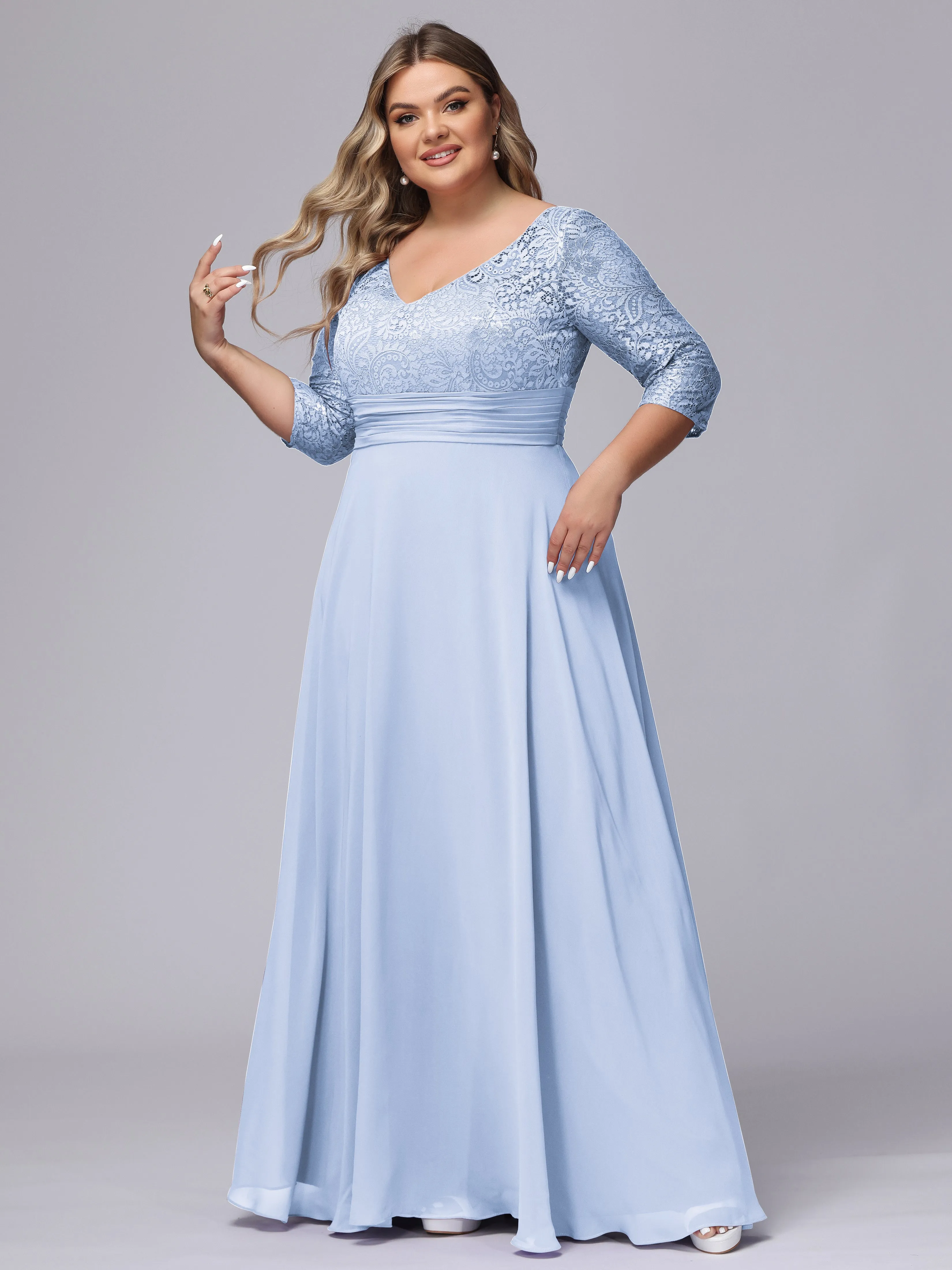 A-line V-Neck 3/4 Sleeves Lace Chiffon Plus Size Bridesmaid Dresses