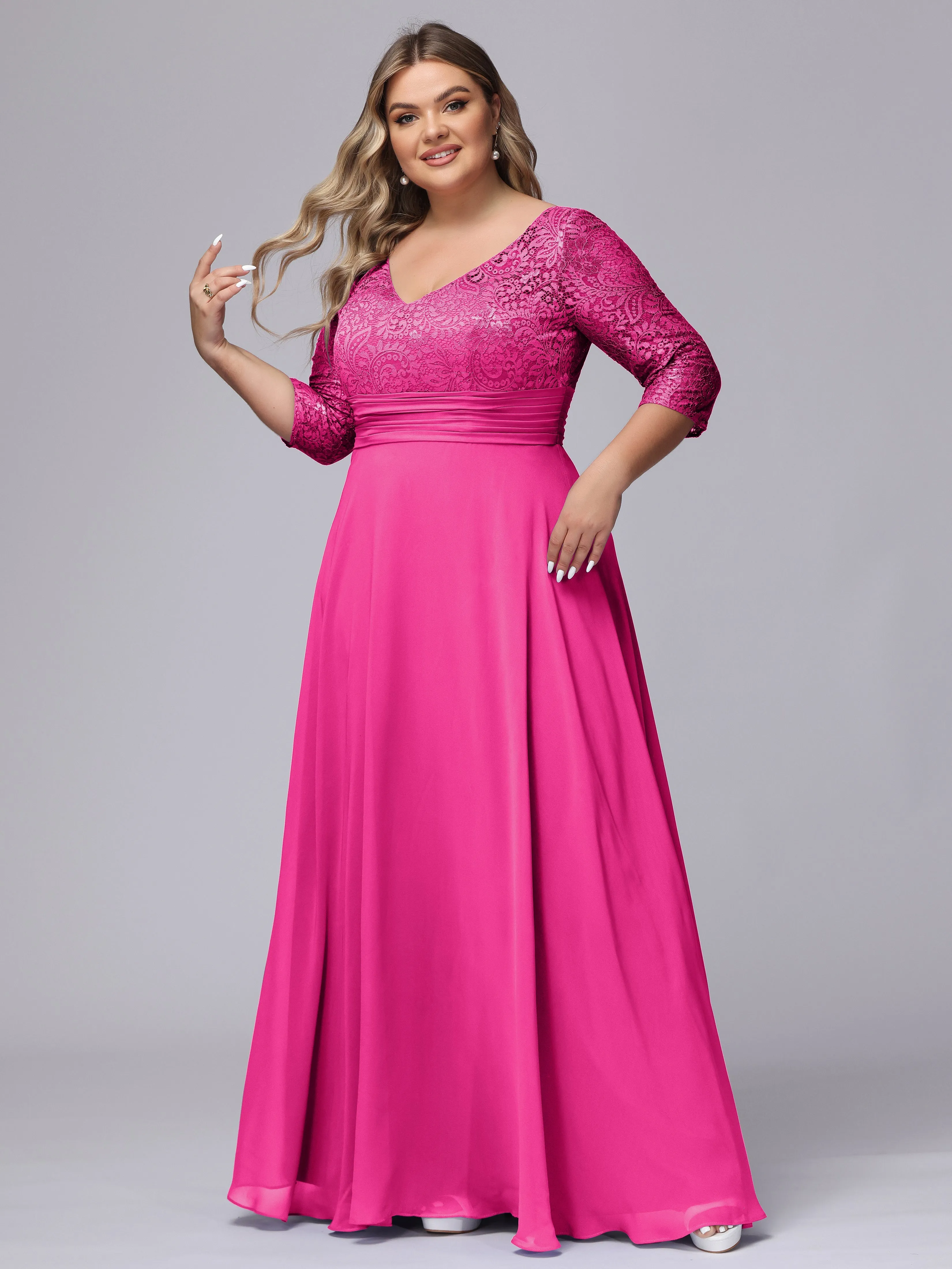 A-line V-Neck 3/4 Sleeves Lace Chiffon Plus Size Bridesmaid Dresses