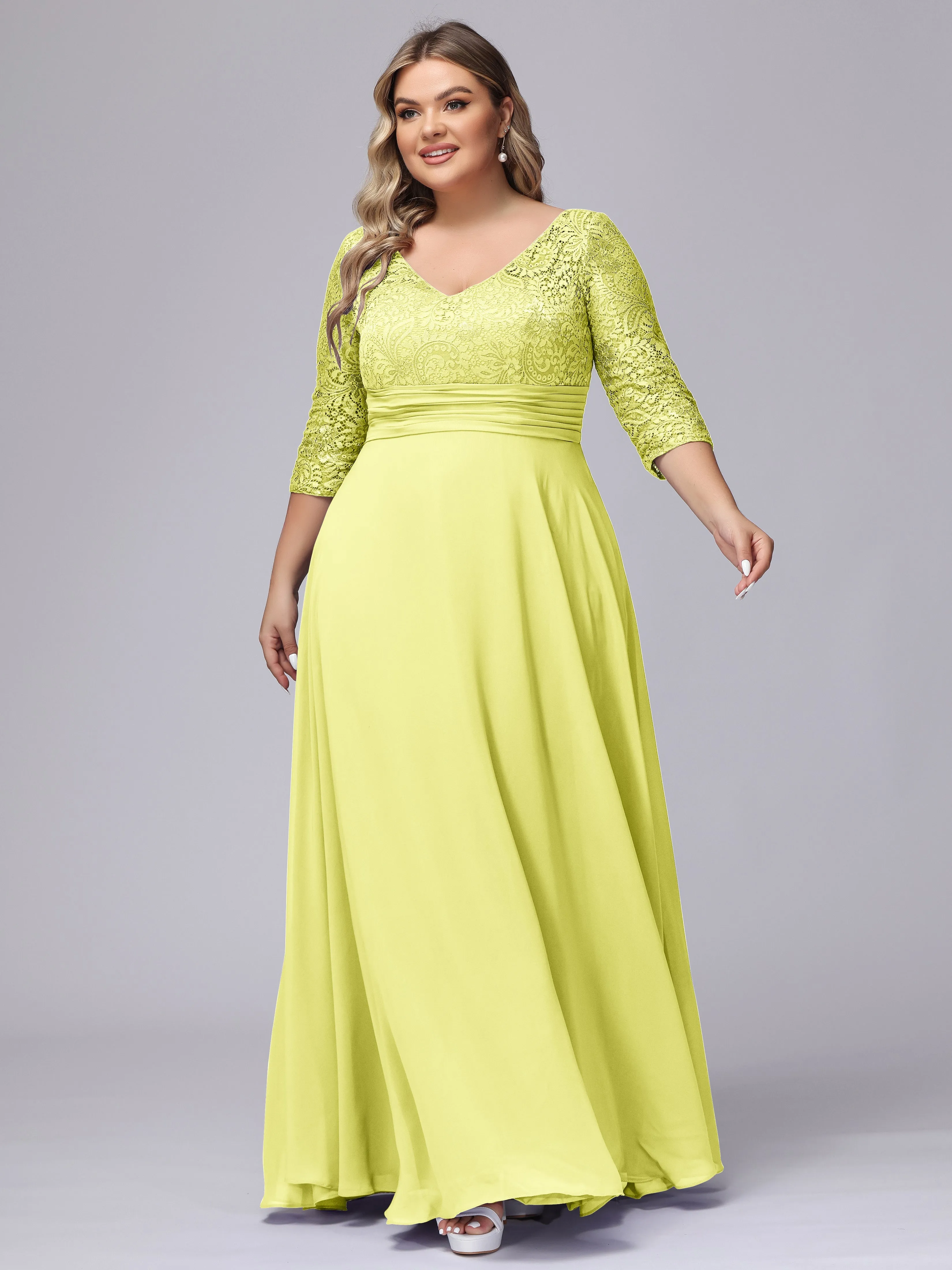 A-line V-Neck 3/4 Sleeves Lace Chiffon Plus Size Bridesmaid Dresses
