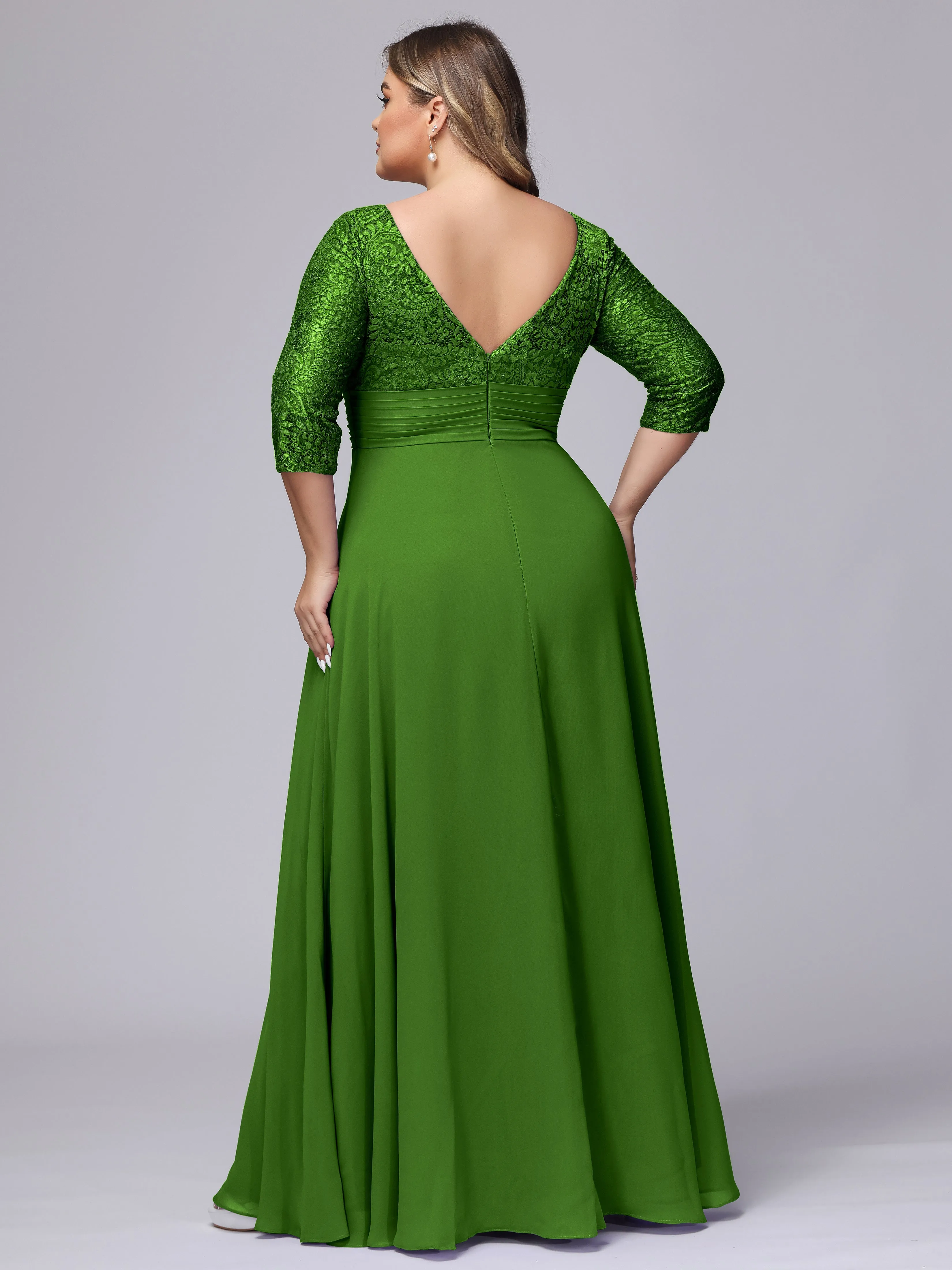 A-line V-Neck 3/4 Sleeves Lace Chiffon Plus Size Bridesmaid Dresses